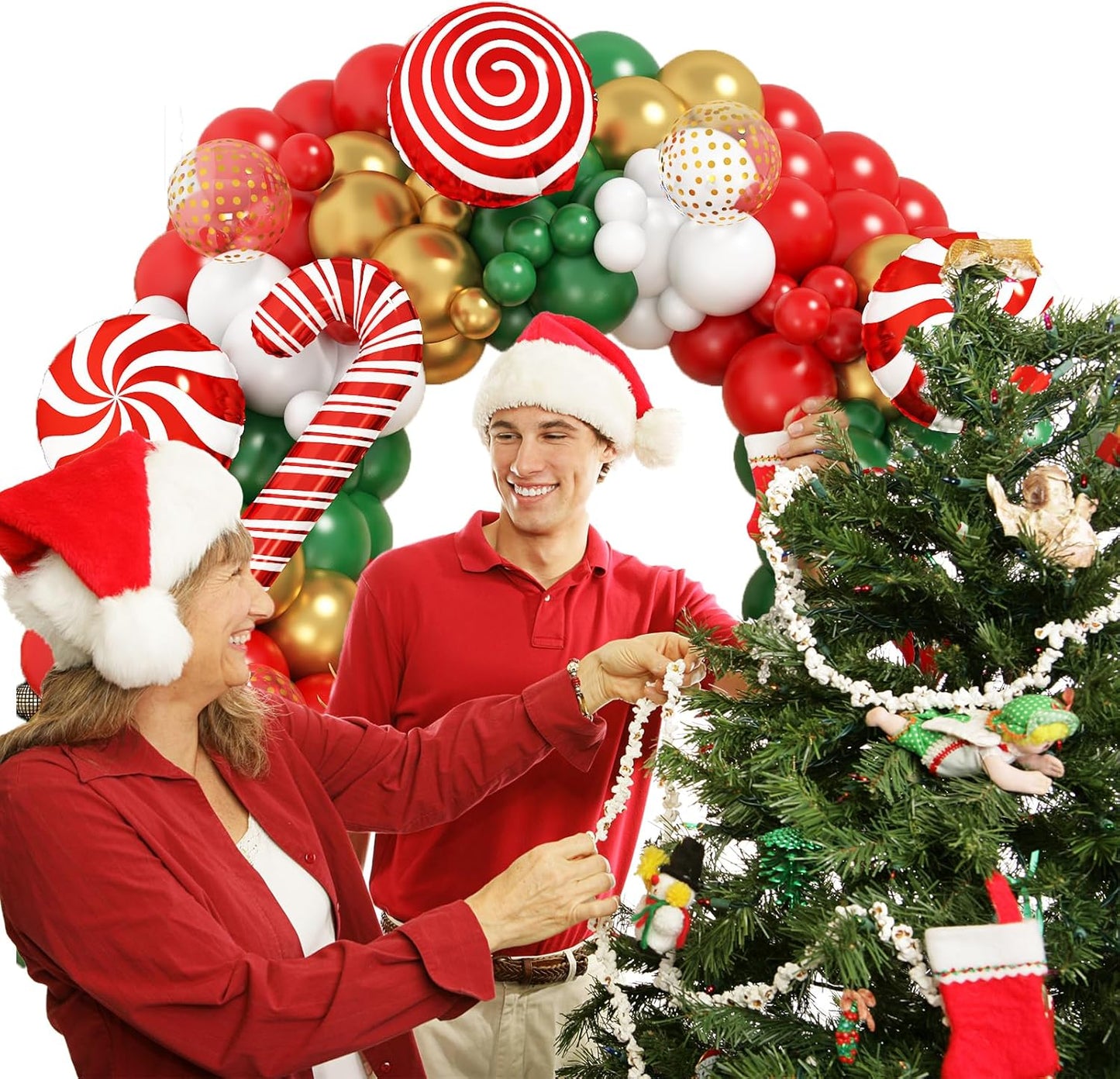 Christmas Balloon Garland Arch Kit, Red Green White Gold Balloons with Large Candy Cane Swirl Foil Balloon for Winter Xmas Party Decorations 164PCS