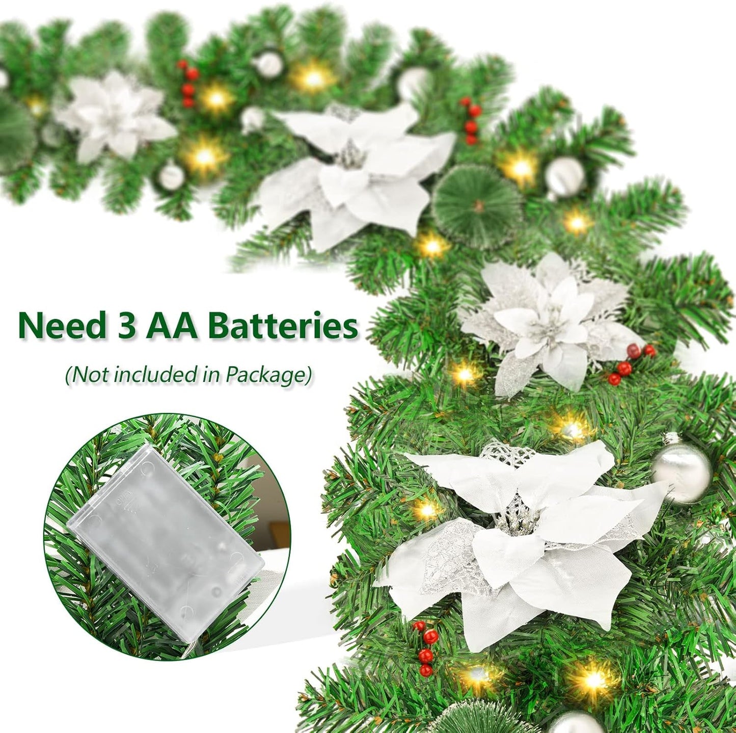 Christmas garland,christmas garland with lights,2.7M/ 9FT Christmas Garland Decorations Illuminated with LED Lights,for Stairs Fireplaces Christmas Festive Wreath Xmas Decor