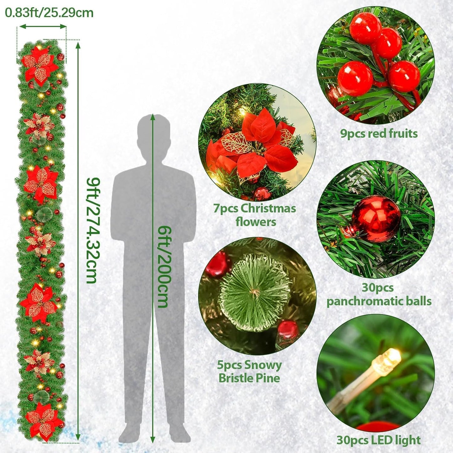 Christmas garland,christmas garland with lights,2.7M/ 9FT Christmas Garland Decorations Illuminated with LED Lights,for Stairs Fireplaces Christmas Festive Wreath Xmas Decor