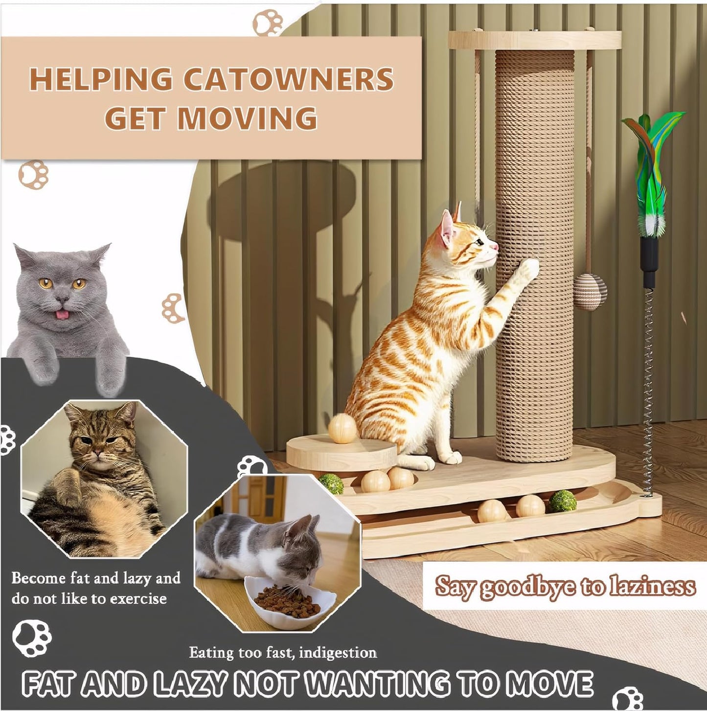 Scratche Track Ball Toy Scratcher Cat Tree Scratching Post Wooden Base Cat