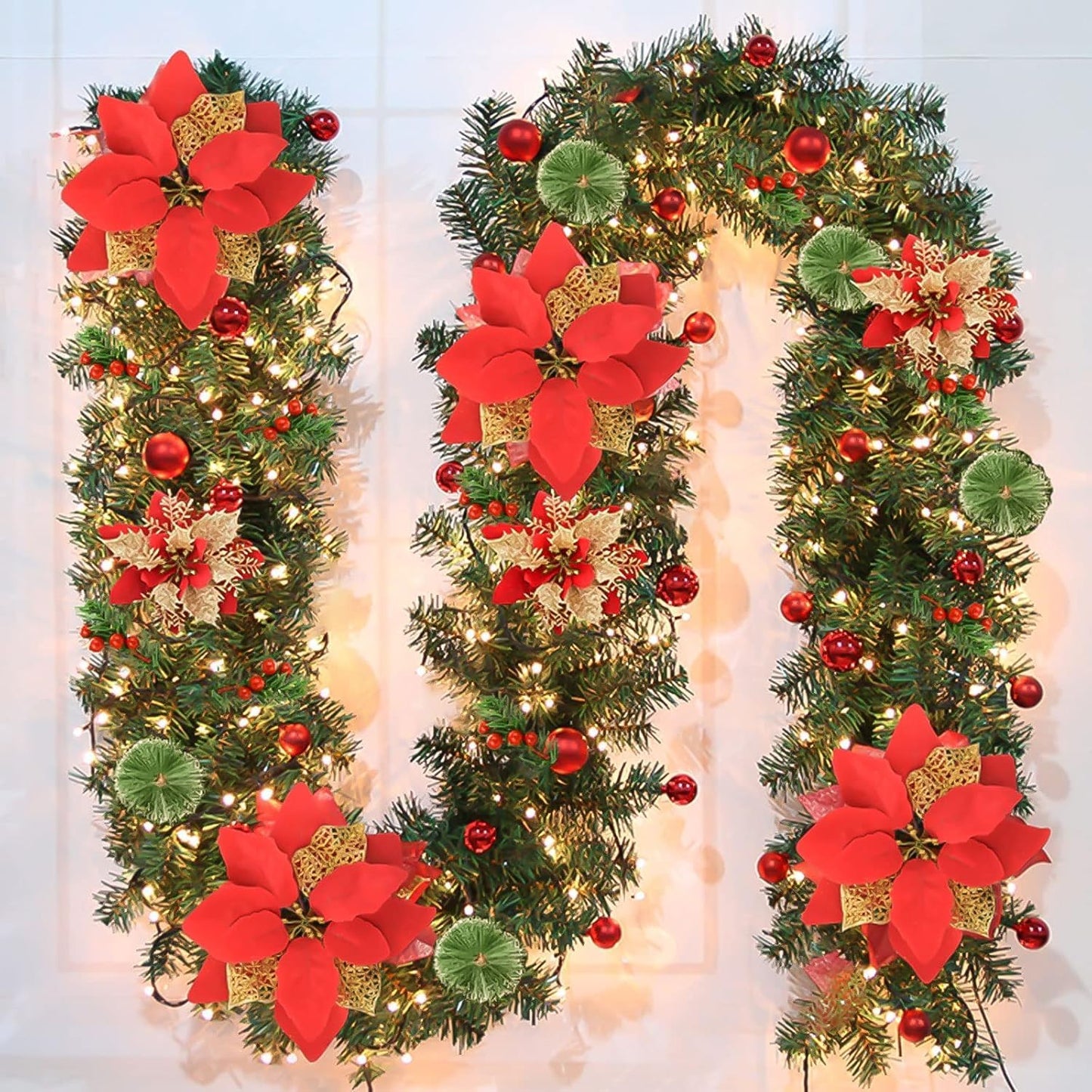Christmas garland,christmas garland with lights,2.7M/ 9FT Christmas Garland Decorations Illuminated with LED Lights,for Stairs Fireplaces Christmas Festive Wreath Xmas Decor