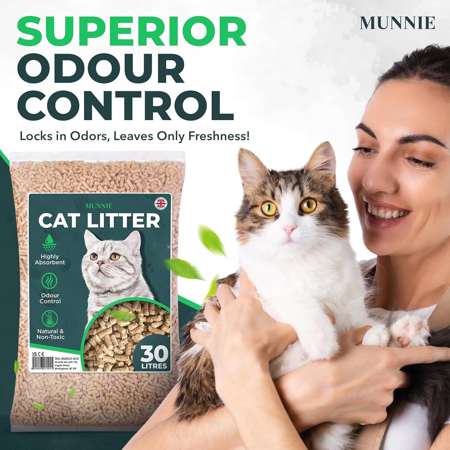Munnie Natural Wood Pellet Cat Litter – Biodegradable, Dust-Free, Unscented, Safe for Kittens & Cats