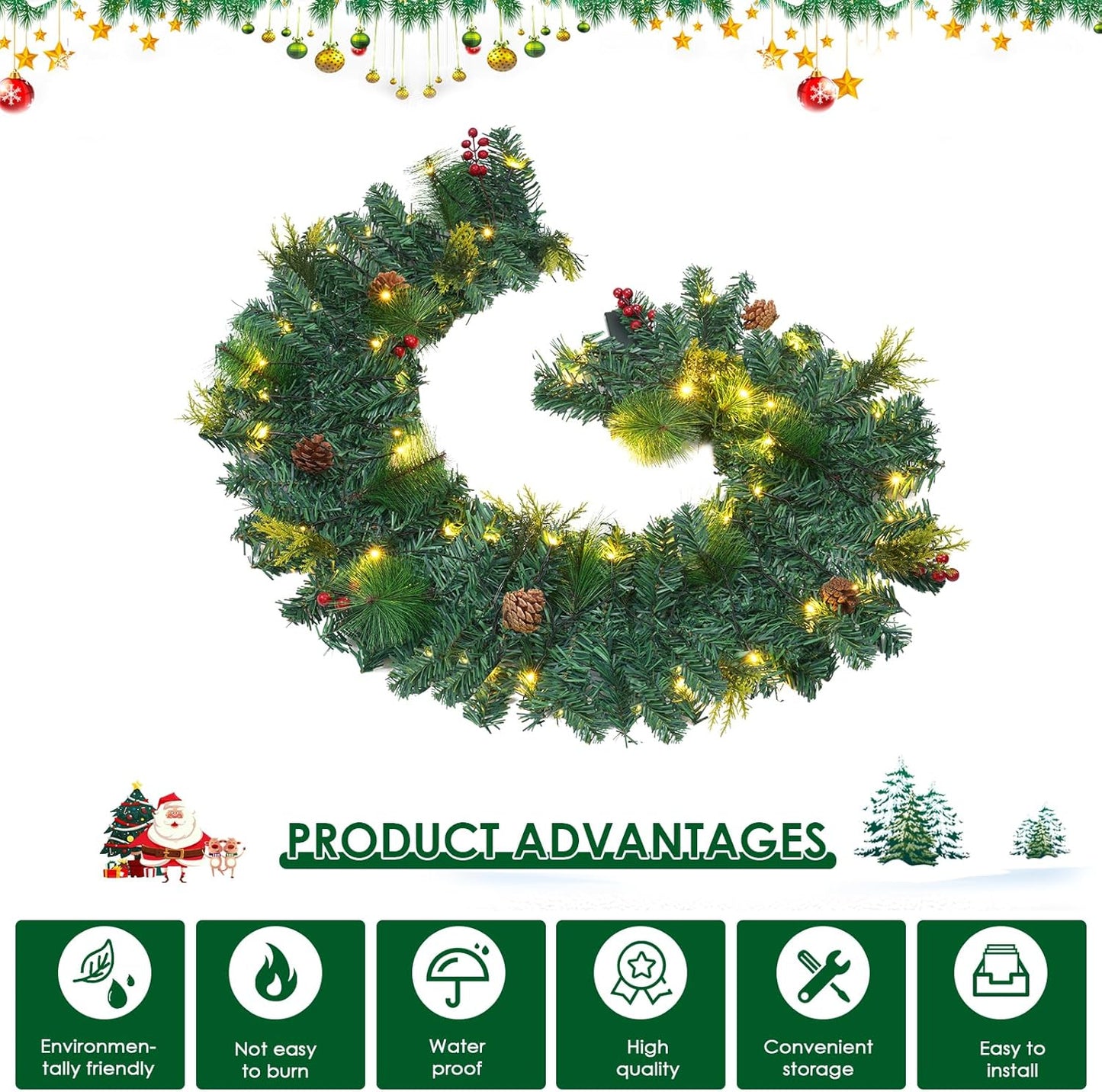 Christmas Garland with Lights, Christmas Garlands for Fireplace Stairs Artificial Wreath with 50 LED Lights and Bow Pine Cones Berries for Xmas Tree Front Door Home Holiday Decor