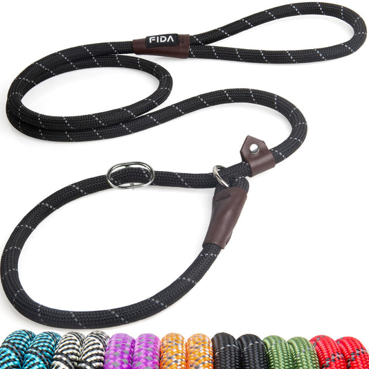 Fida Durable Weather Resistant Climbers Rope Slip Lead (1.8m, Black) with Reflective Stitching. Perfect for Training, Large, Medium and Small Dogs