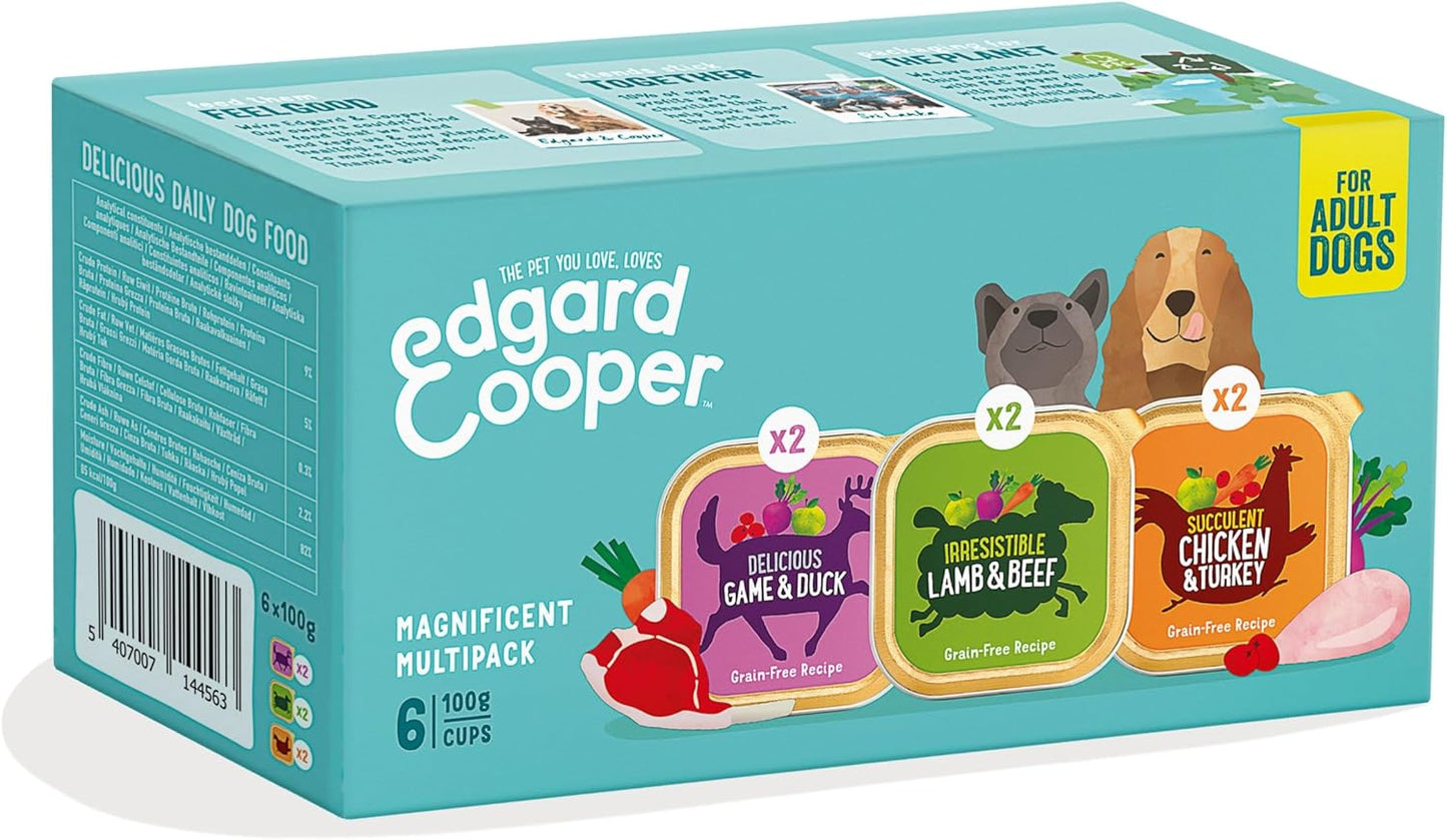Edgard Cooper Adult Wet Dog Food Cups Multipack, Game-Lamb-Chicken,Fresh meat, Hypoallergenic, Salmon with Tasty Fresh Meat, High Protein Natural Ingredients