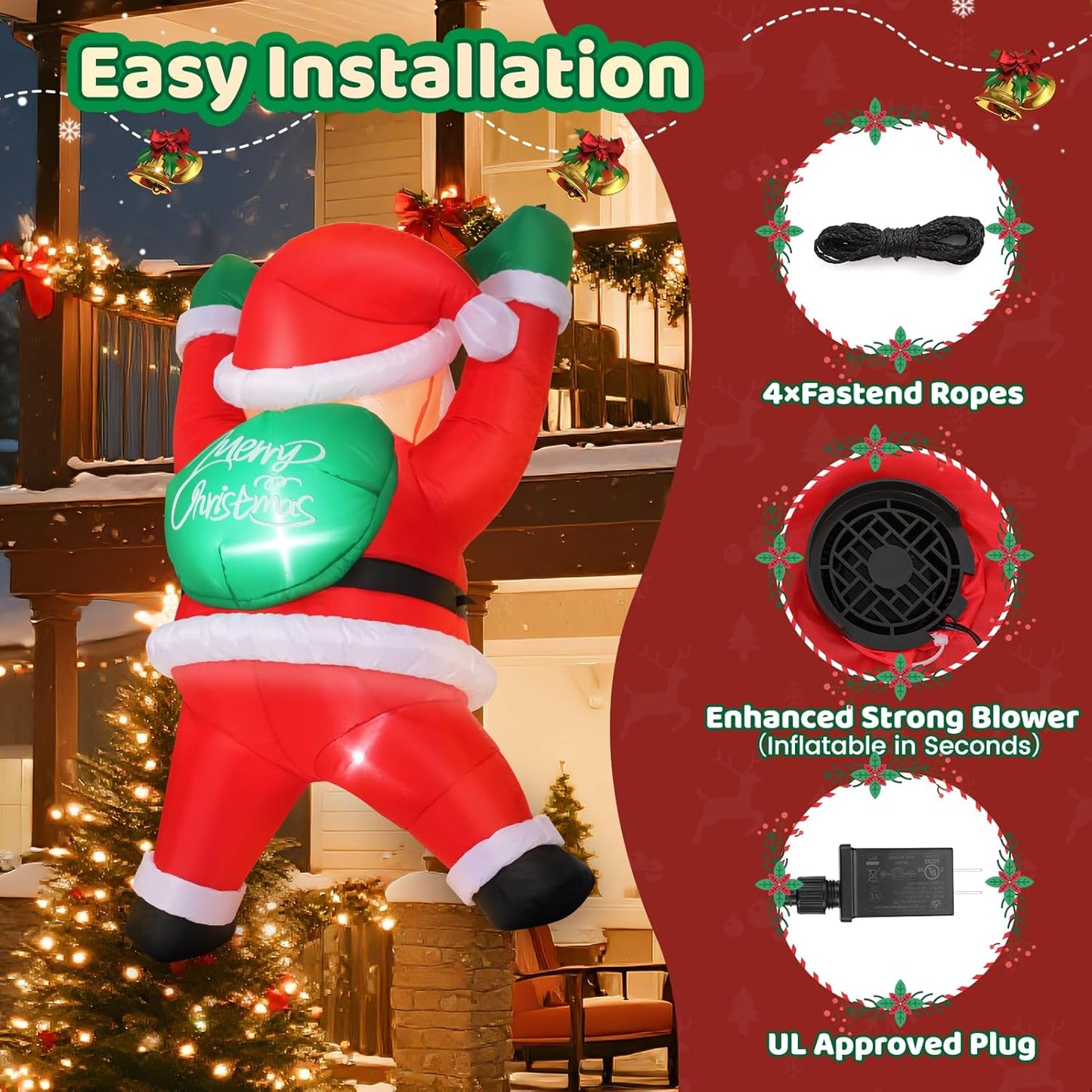 Christmas Inflatable Decorations Climbing Santa Claus Inflatable, Built-in Bright LEDs, Hanging Blow up Window Yard Decoration, Outdoor Christmas Decoration for Roof Window Wall