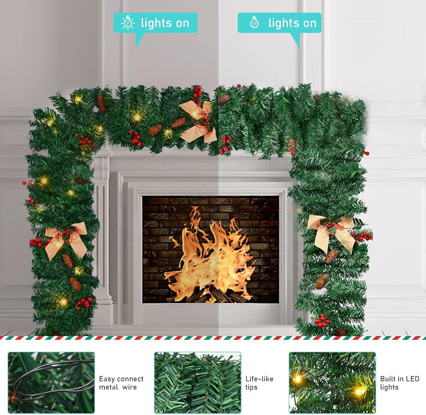 Christmas Garland with Lights, Christmas Garlands for Fireplace Stairs Artificial Wreath with 50 LED Lights and Bow Pine Cones Berries for Xmas Tree Front Door Home Holiday Decor