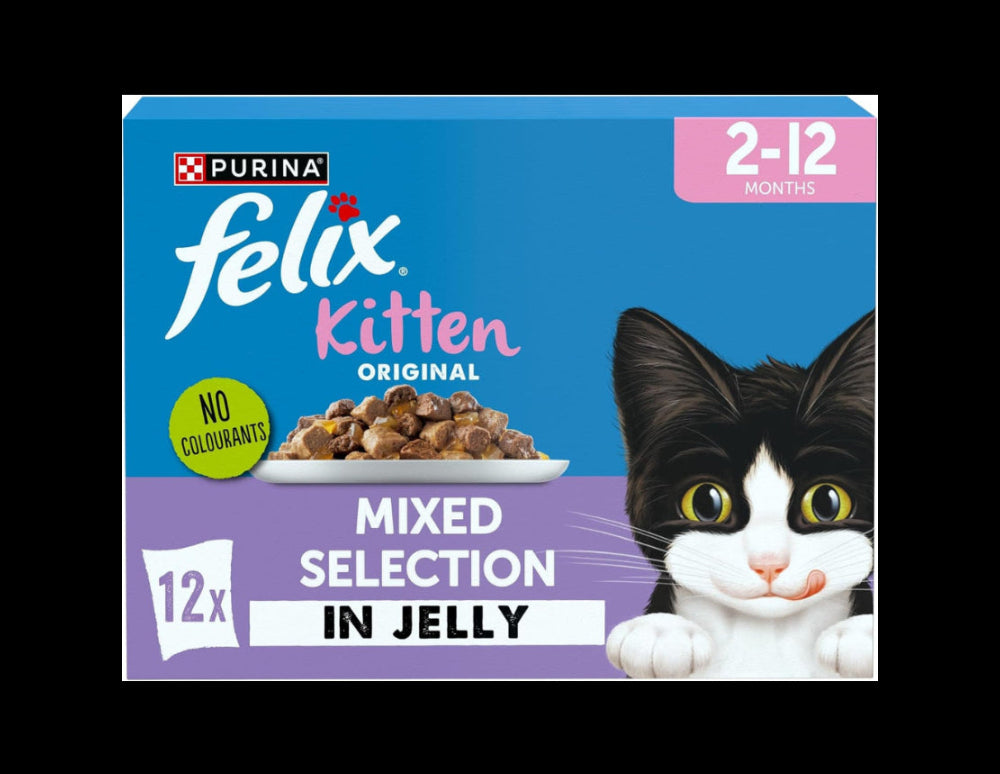 Felix Kitten Original Mixed Selection in Jelly cat food packaging with a black and white kitten illustration.