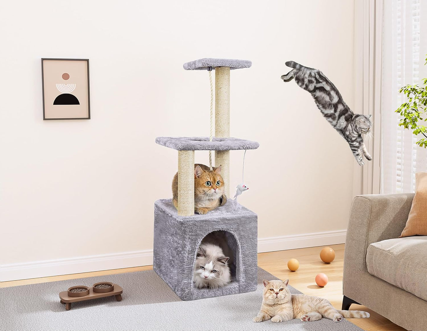 Cat Scratching Post, 90cm Cat Tree for Indoor Cats Multi-Level Stable Cat Tower for Climbing Playing and Relaxation