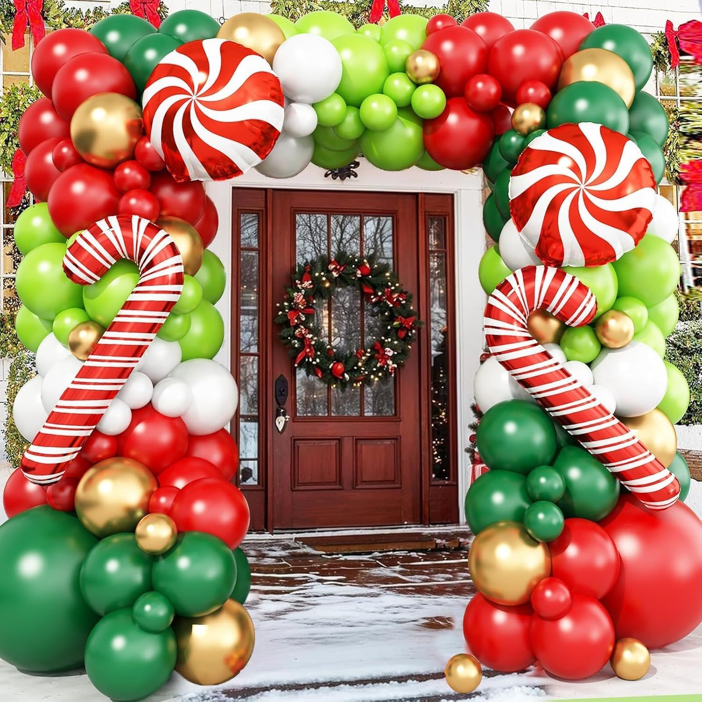 Christmas Balloon Garland Arch Kit, Red Green White Gold Balloons with Large Candy Cane Swirl Foil Balloon for Winter Xmas Party Decorations 164PCS