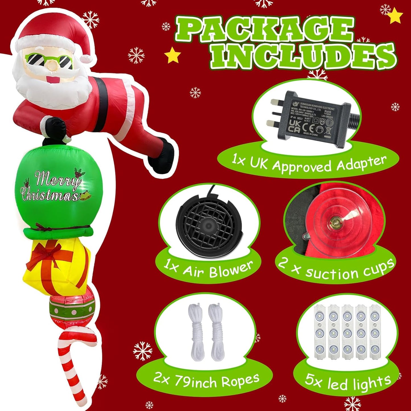 8FT Christmas Inflatables Outdoor Decorations, Hanging Santa Claus Inflatable Christmas Decorations with LED Lights, Blow Up Santa Outdoor for Wall Window Eaves Home Holiday Decor