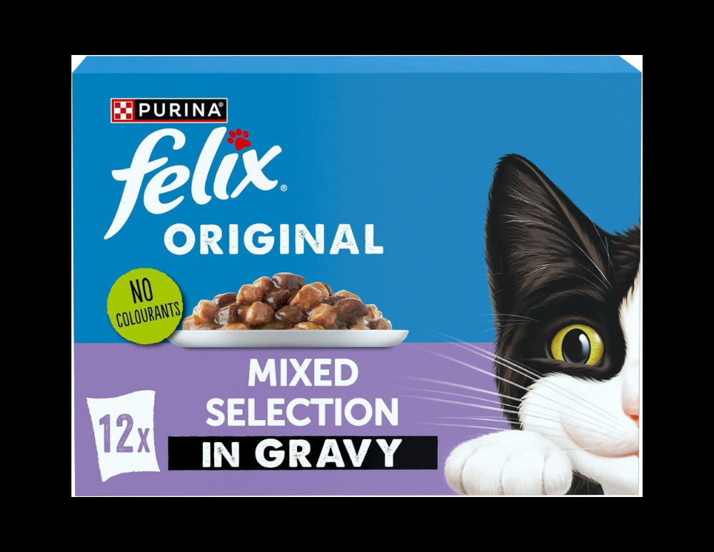 Felix Original cat food packaging with a black and white cat illustration on a blue and purple background.