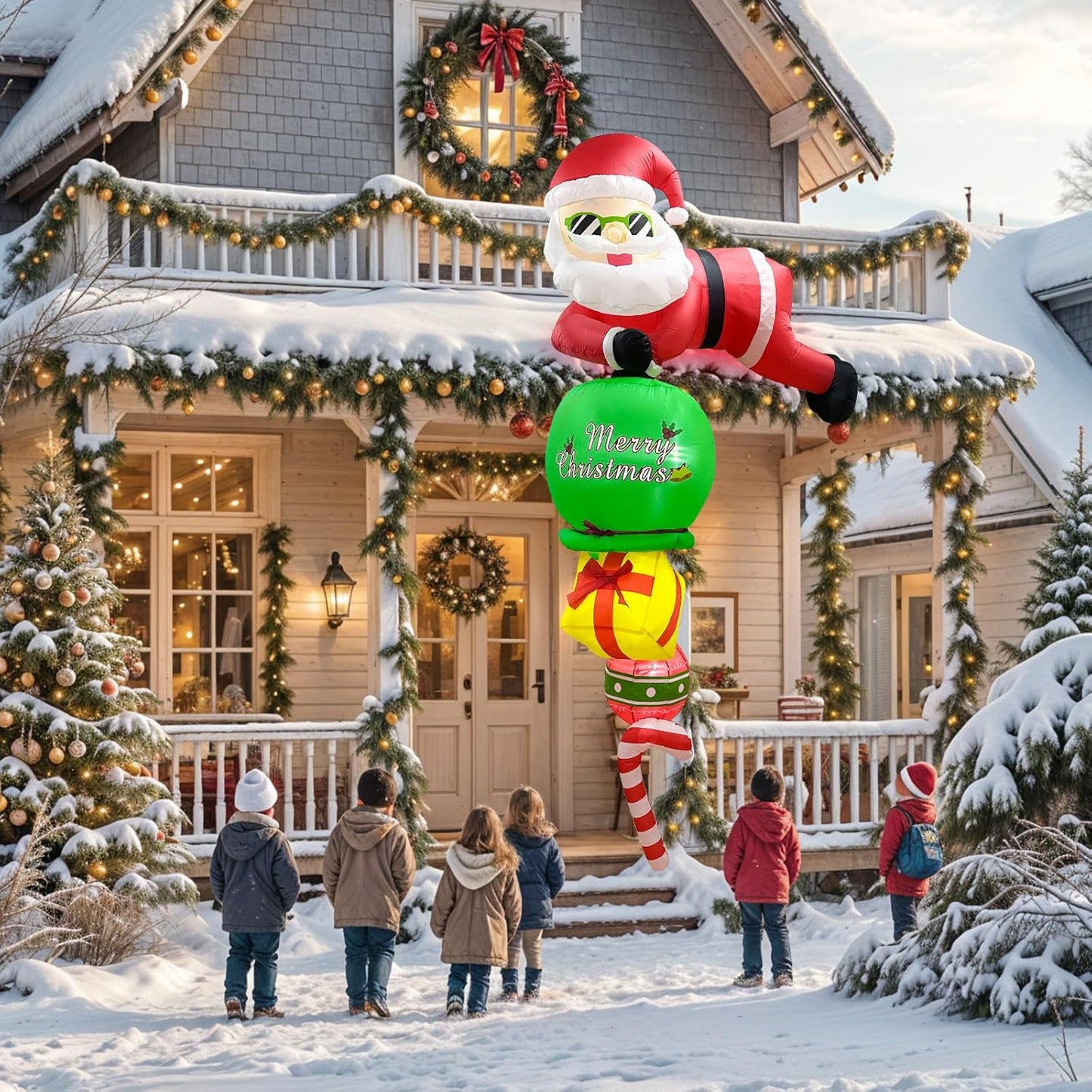 8FT Christmas Inflatables Outdoor Decorations, Hanging Santa Claus Inflatable Christmas Decorations with LED Lights, Blow Up Santa Outdoor for Wall Window Eaves Home Holiday Decor