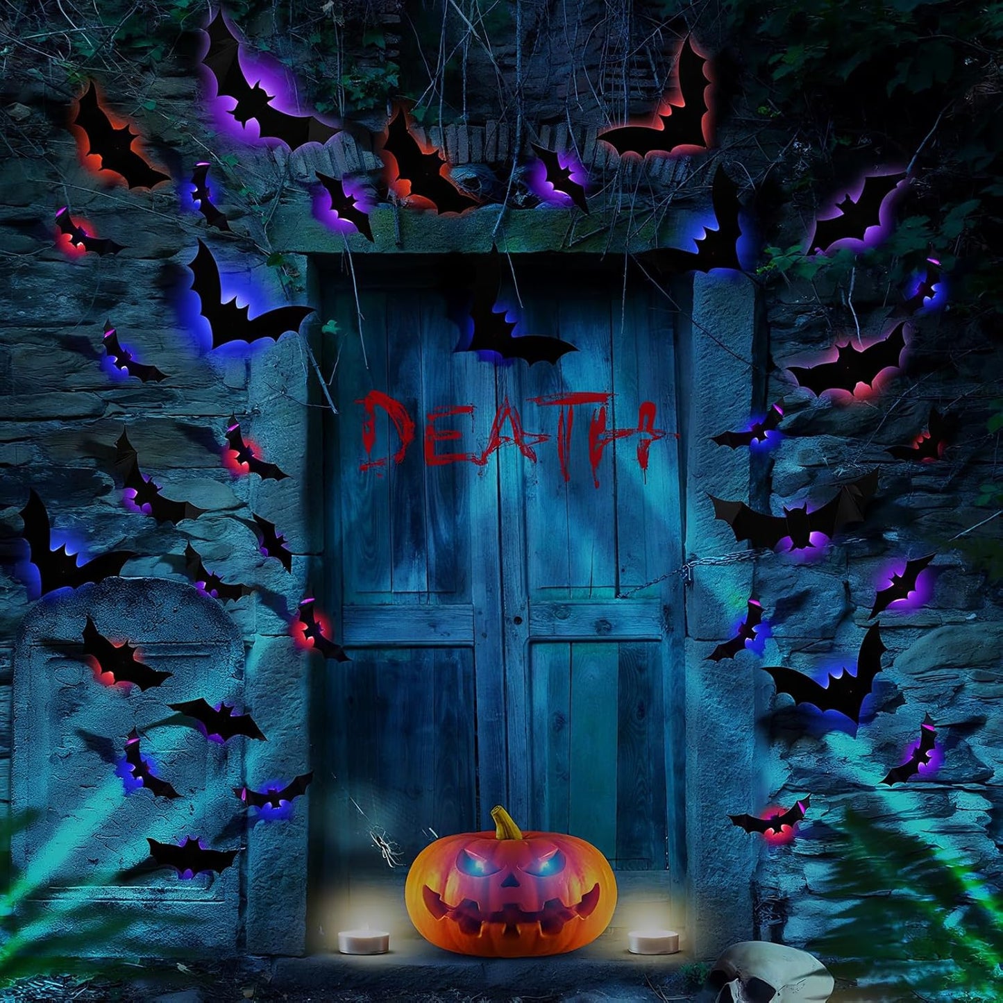 24PCS LED Halloween Bats Decorations, 3D Luminous Wall Stickers Bat Decorations with LED Lights PVC Bats Halloween Wall Decor for Indoor Window Door Wall DIY Party Supplies (Purple)