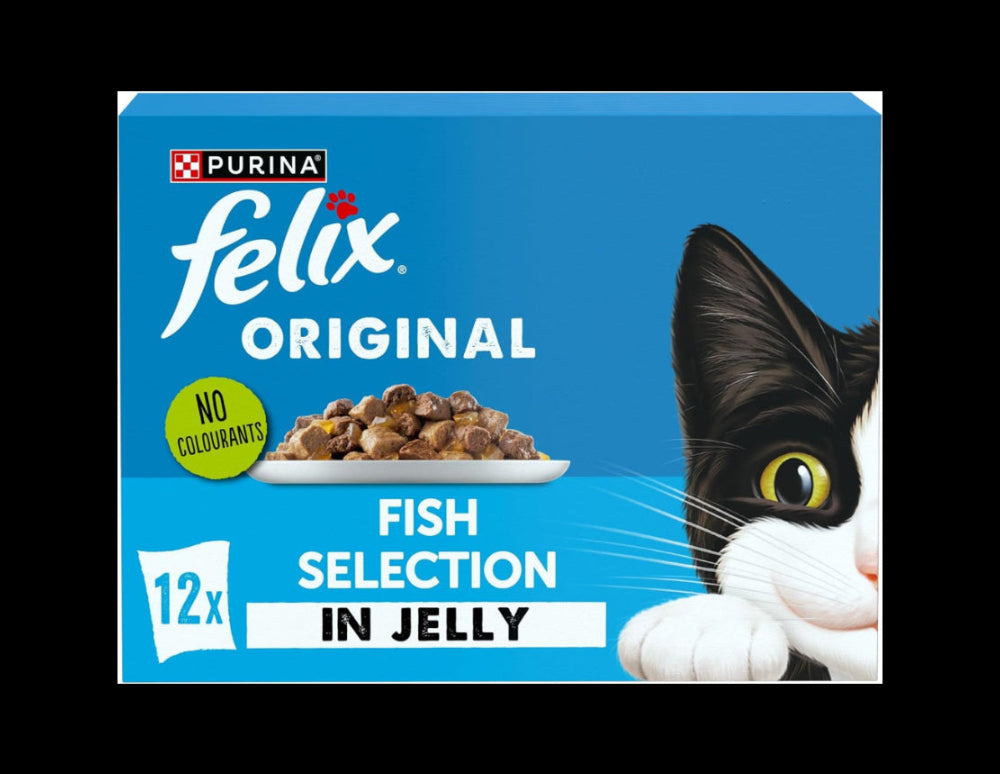 Box of Purina Felix Original Fish Selection in Jelly cat food with a cat illustration on a blue background.