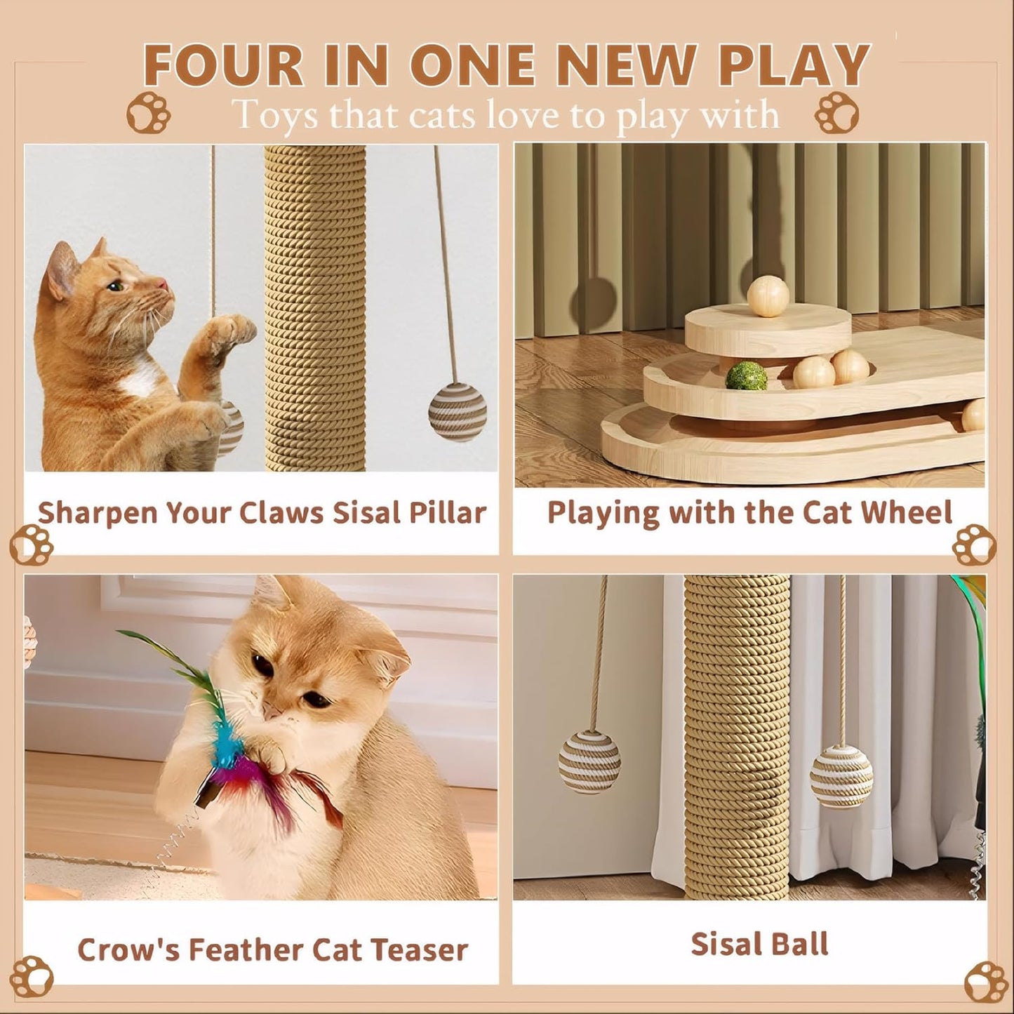 Scratche Track Ball Toy Scratcher Cat Tree Scratching Post Wooden Base Cat