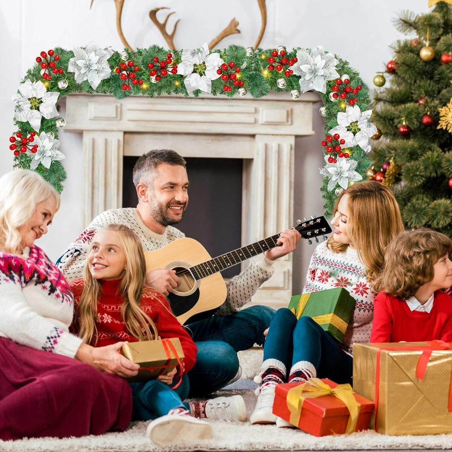 Christmas garland,christmas garland with lights,2.7M/ 9FT Christmas Garland Decorations Illuminated with LED Lights,for Stairs Fireplaces Christmas Festive Wreath Xmas Decor