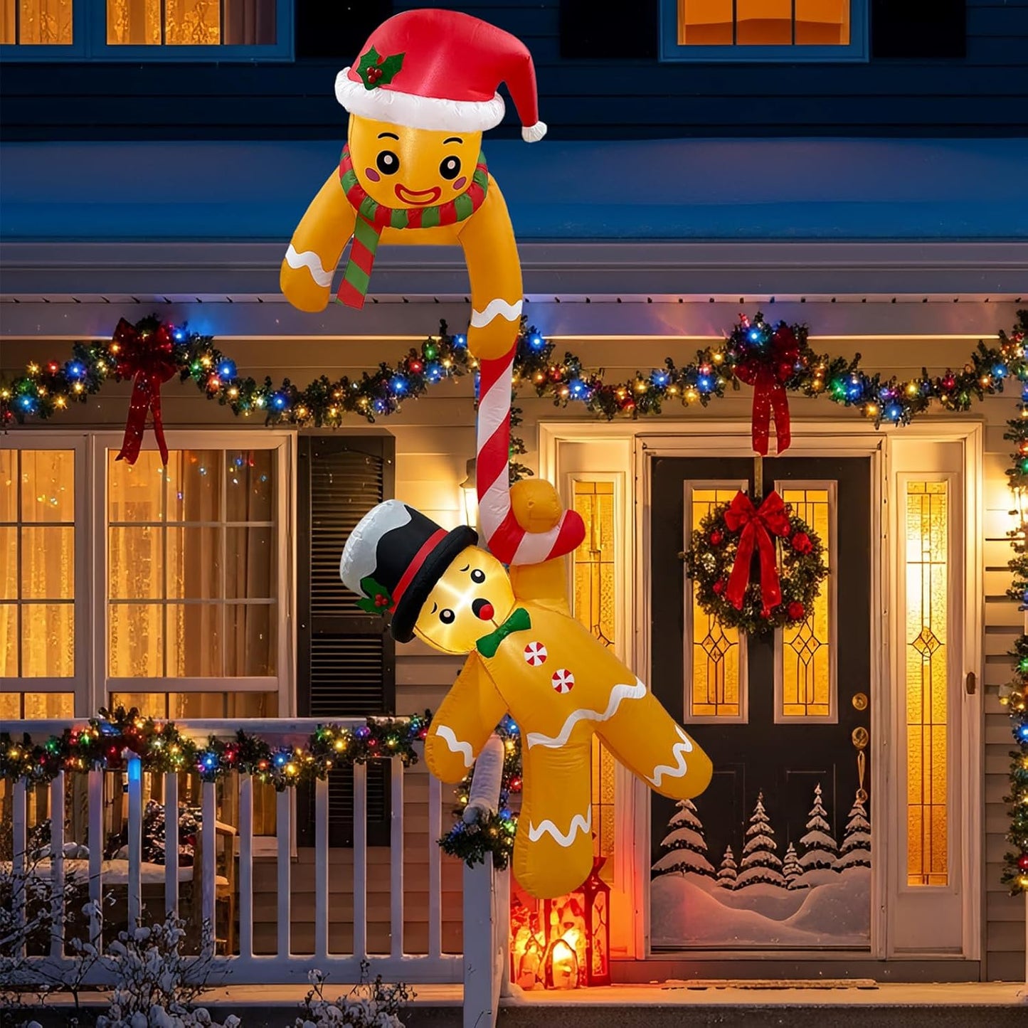 7 FT Christmas Inflatables Outdoor Decorations, Hanging Gingerbread Man Inflatable Christmas Decorations Hold Candy Cane, Blow Up Xmas Decorations for Roof Eaves Tree Decor