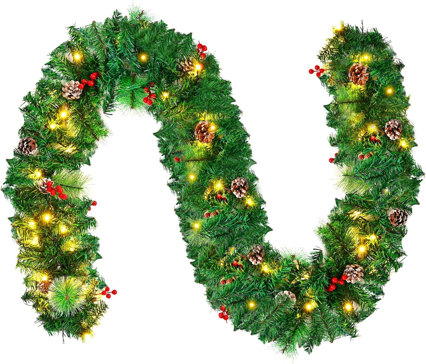 Christmas Garland with Lights, Christmas Garlands for Fireplace Stairs Artificial Wreath with 50 LED Lights and Bow Pine Cones Berries for Xmas Tree Front Door Home Holiday Decor