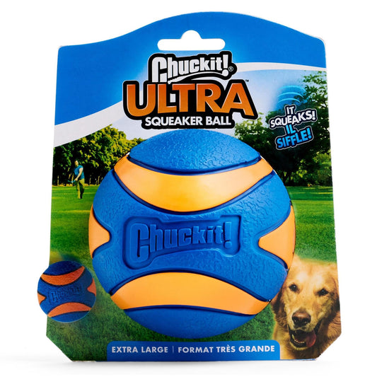 Chuckit Ultra Squeaker Dog Ball - Extra Large Bouncy and Squeaky Pet Toy for Dogs 100+ lbs - Floats on Water - Durable Rubber - Size XL - 3.5" Diameter - Pack of 1