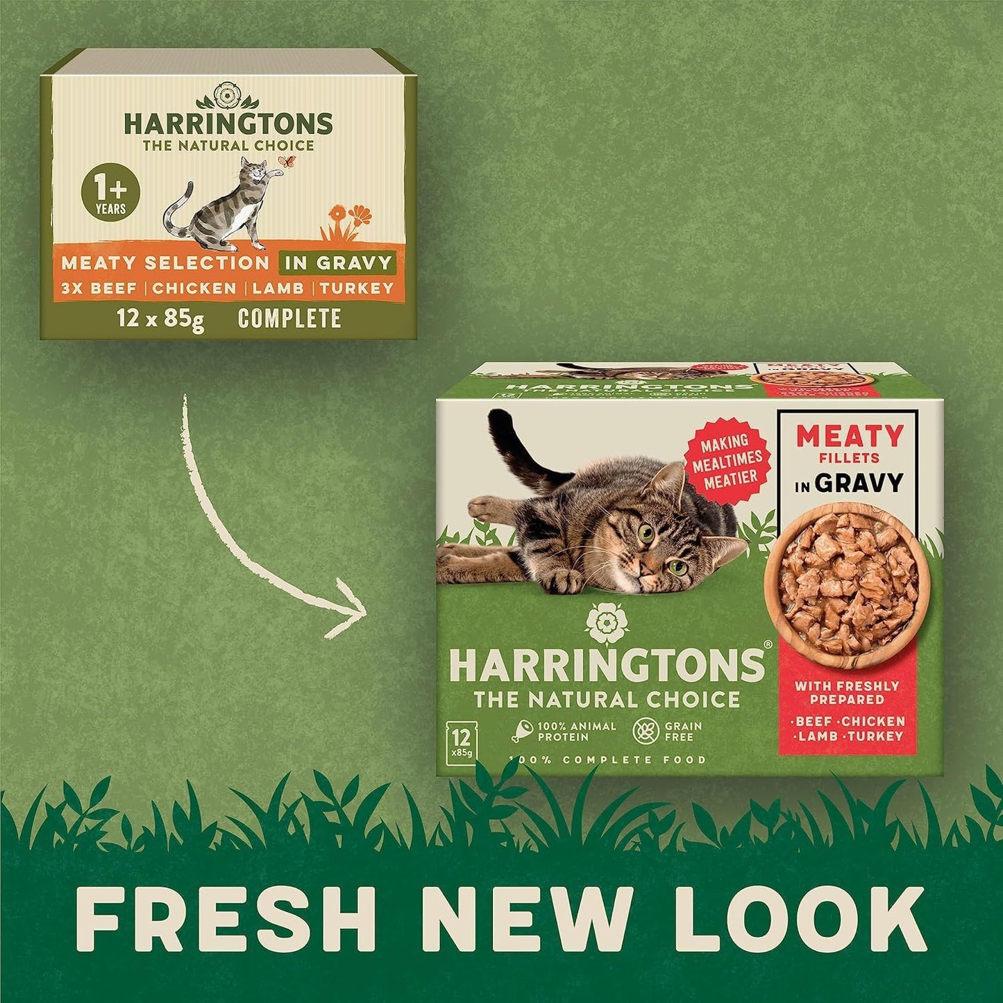 Harringtons Grain Free Wet Cat Food for Adult Cats – Beef, Chicken, Lamb & Turkey in Gravy & Jelly