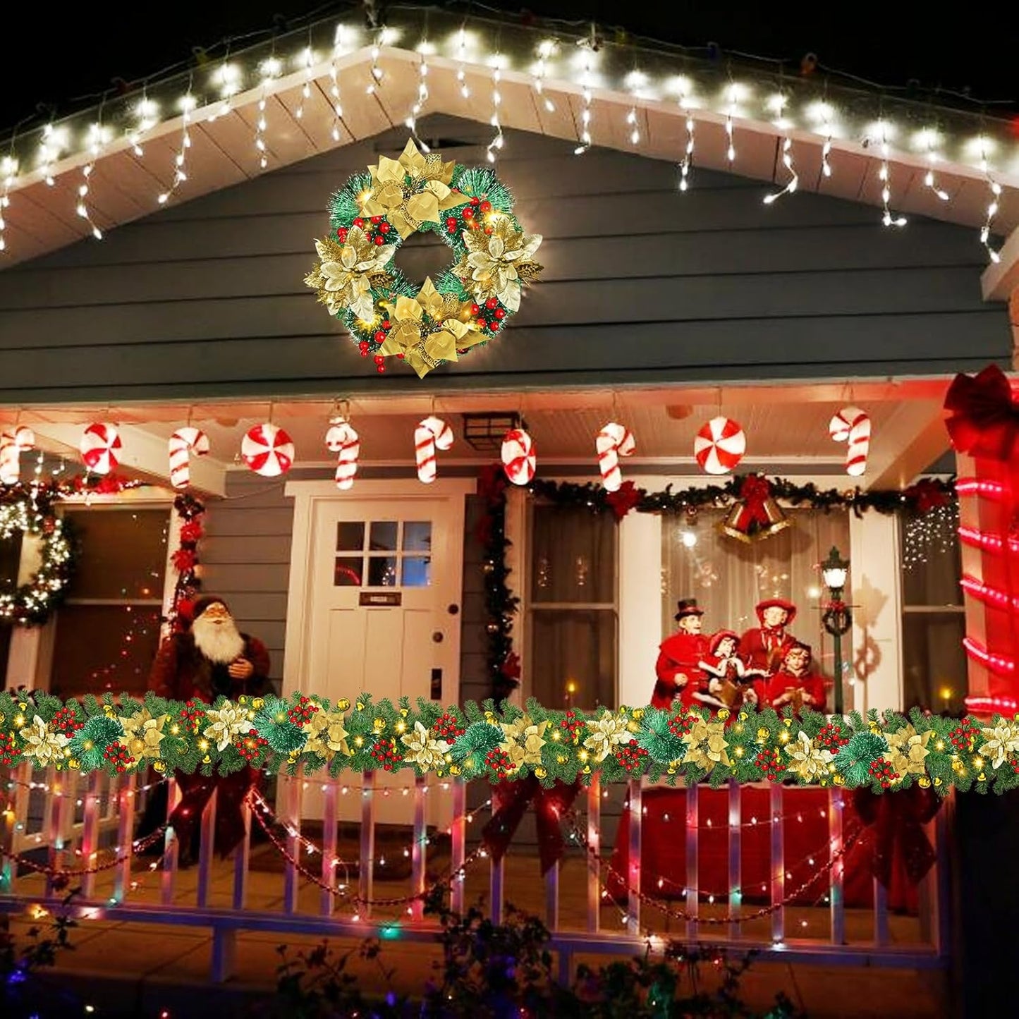 Christmas garland,christmas garland with lights,2.7M/ 9FT Christmas Garland Decorations Illuminated with LED Lights,for Stairs Fireplaces Christmas Festive Wreath Xmas Decor