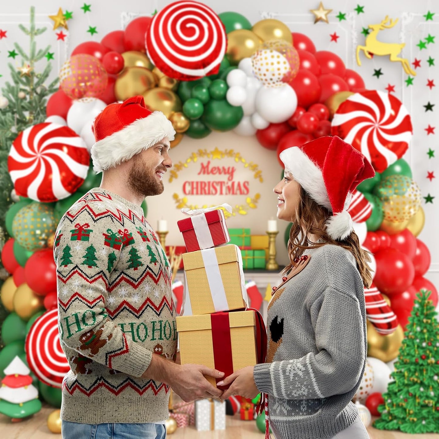 Christmas Balloon Garland Arch Kit, Red Green White Gold Balloons with Large Candy Cane Swirl Foil Balloon for Winter Xmas Party Decorations 164PCS