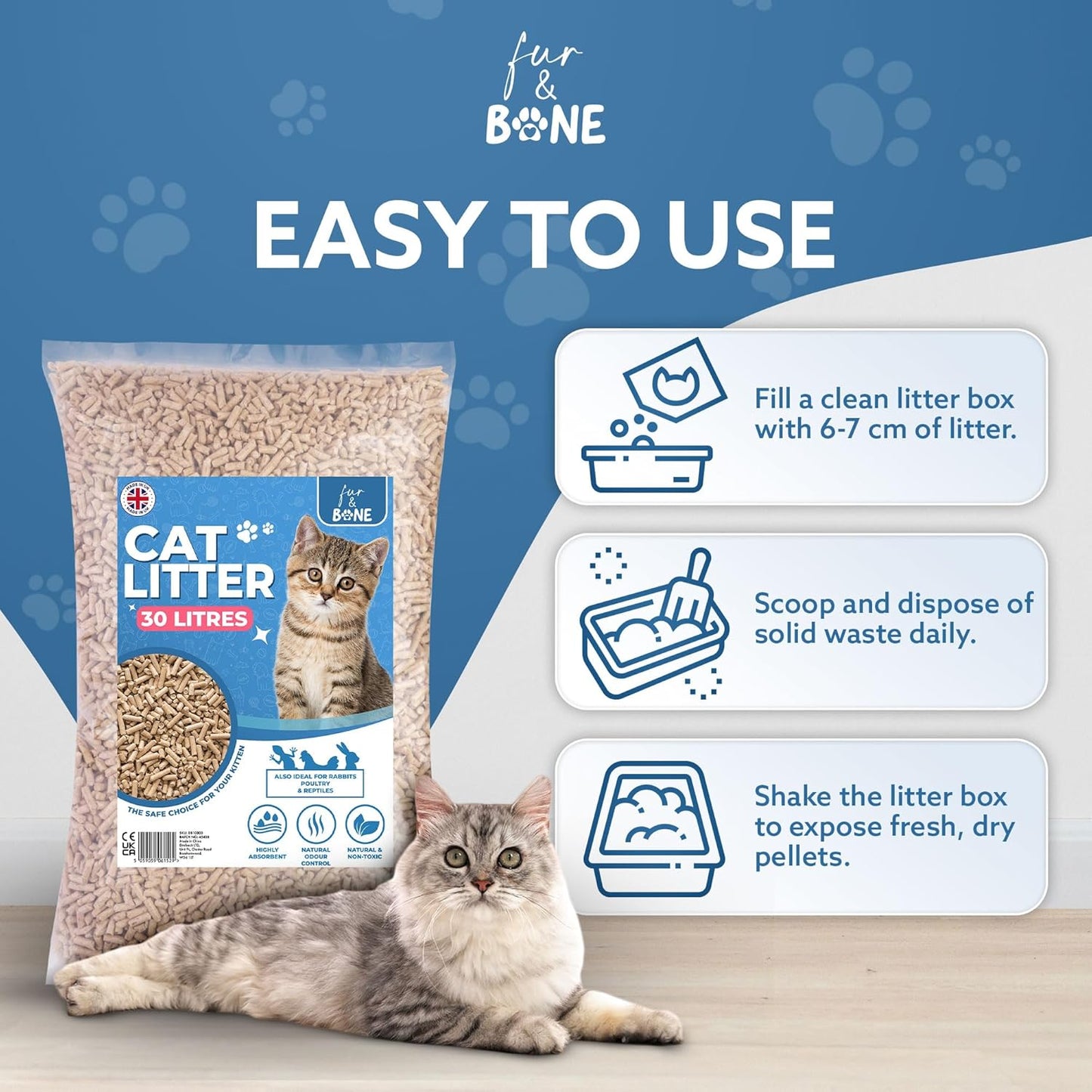 Fur & Bone 1 x 30L Cat Litter - Ultra Absorbent Biodegradable Wooden Pellets, Natural Scent, Odour Control, Soft Bedding for Comfort, Made from Virgin Wood - Scandinavian Timber Aroma