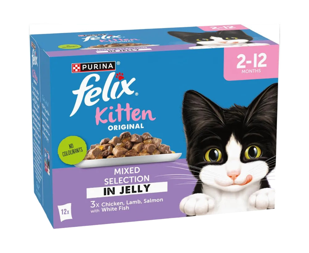 Purina Felix Kitten Original Mixed Selection in Jelly cat food packaging with a black and white kitten illustration.
