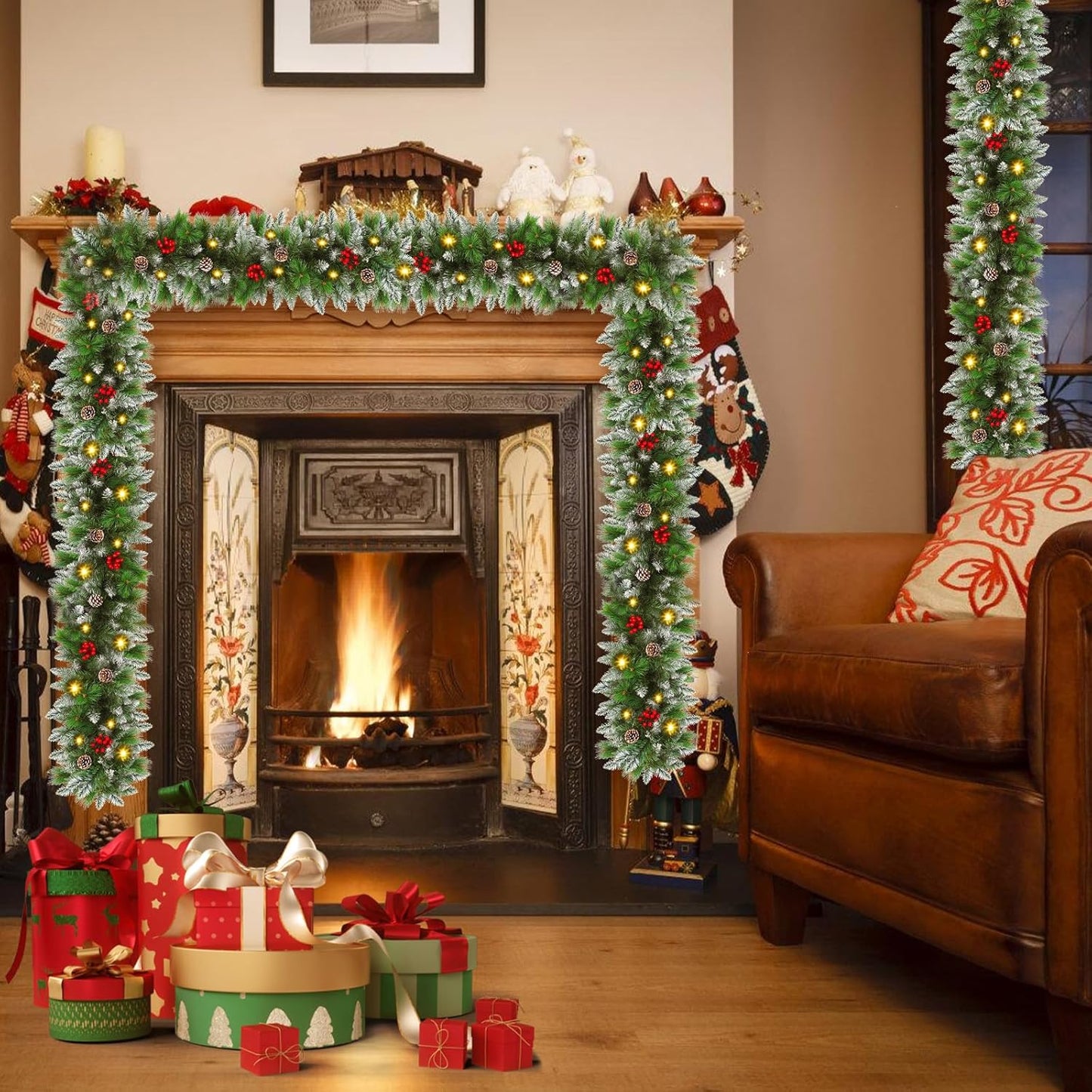 Christmas garland,christmas garland with lights,2.7M/ 9FT Christmas Garland Decorations Illuminated with LED Lights,for Stairs Fireplaces Christmas Festive Wreath Xmas Decor