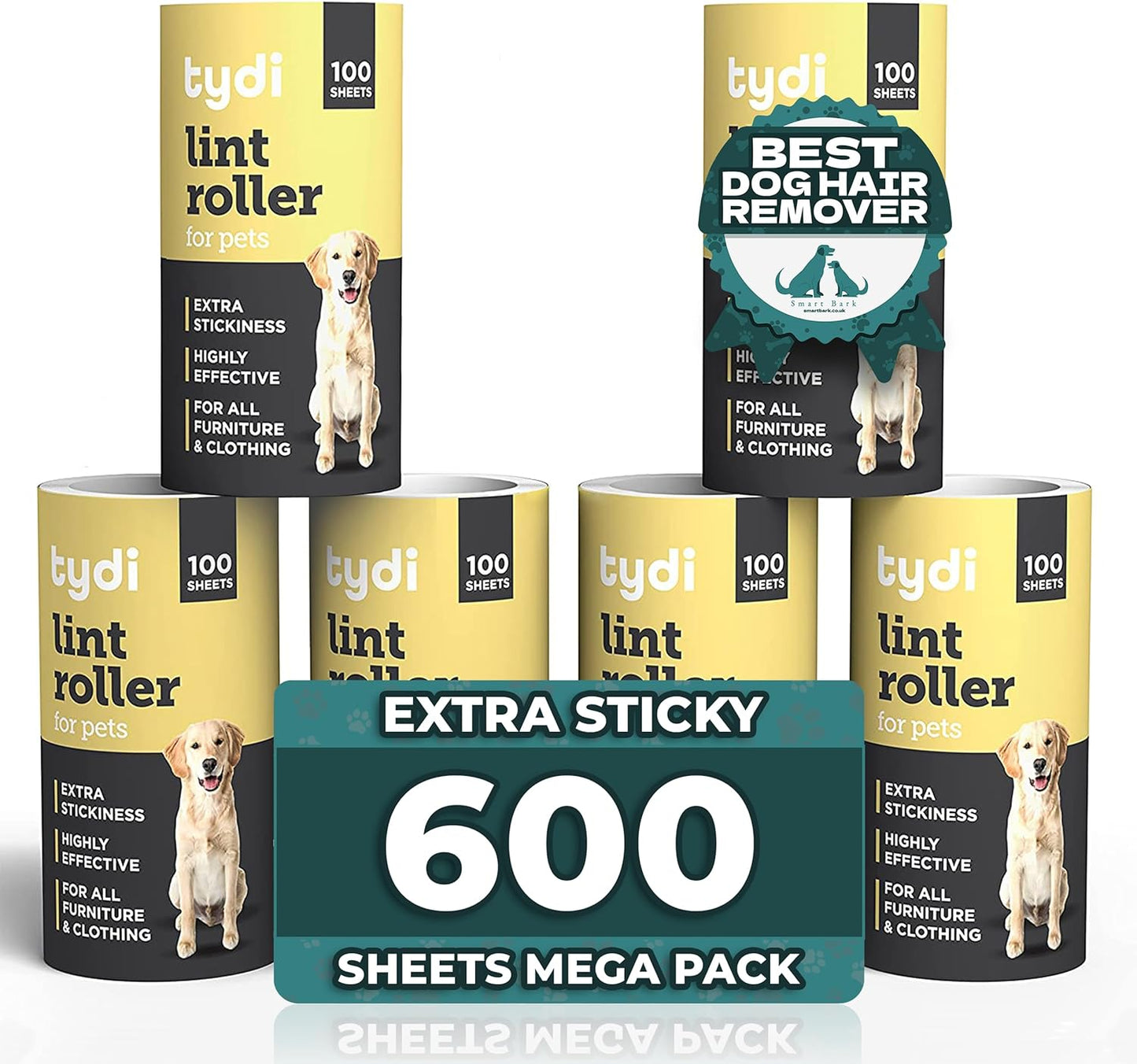 Tydi Pet Lint Rollers - 500 Sheets of Lint Roller Refills & 2 Handles - 100 Sheets per Sticky Clothes Roller - Lint Rollers for Pet Hair - Reusable Lint Roller for Clothes - Fluff Remover for Clothes