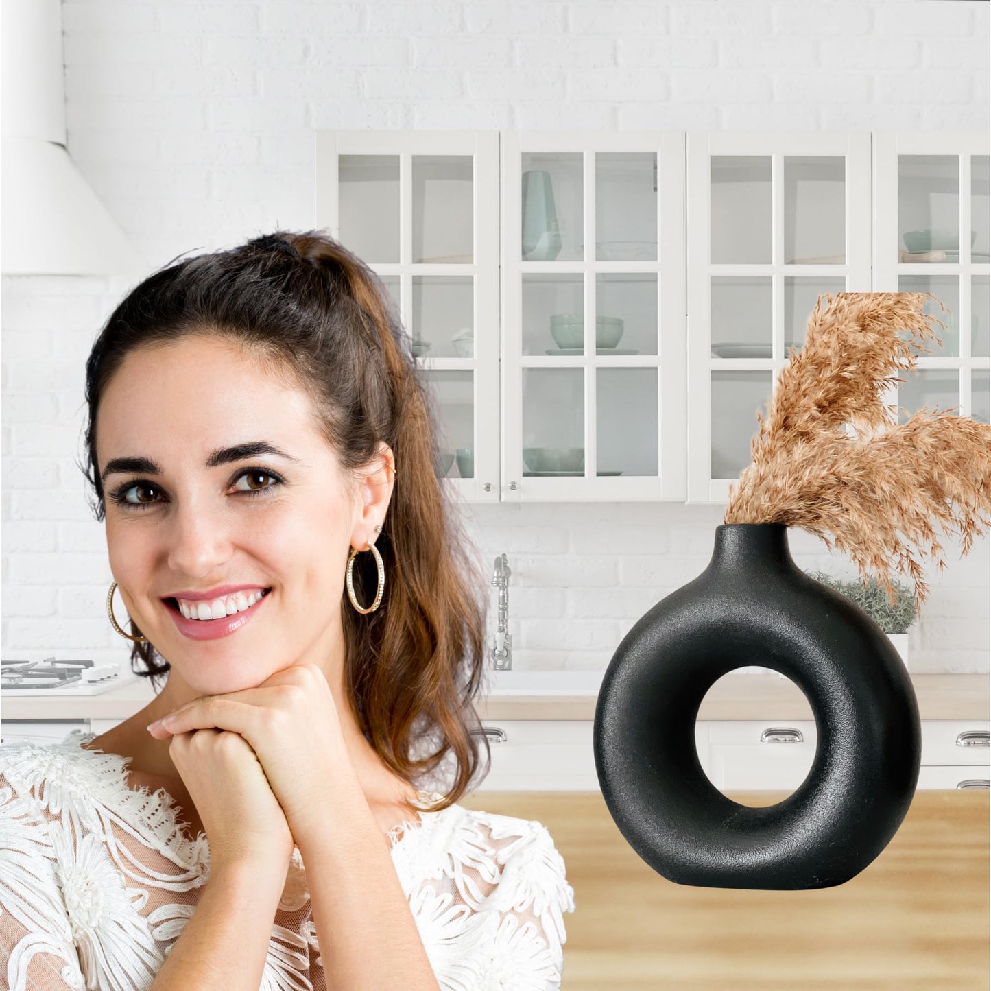 Black Vase for Pampas Grass, Black Living Room Accessories, Black Ornaments, Black Ceramic Donut Vase, Matt Black Round Circle Vase, Black Room Decor, Black Bedroom Accessories, Modern Shelf Decor