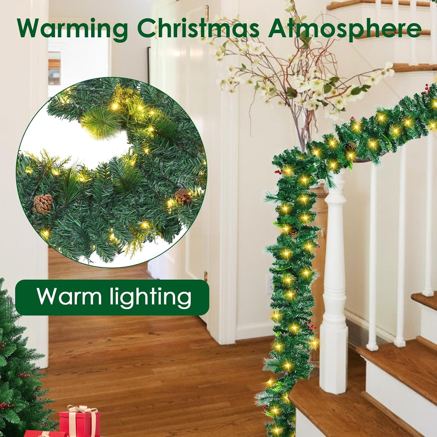 Christmas Garland with Lights, Christmas Garlands for Fireplace Stairs Artificial Wreath with 50 LED Lights and Bow Pine Cones Berries for Xmas Tree Front Door Home Holiday Decor