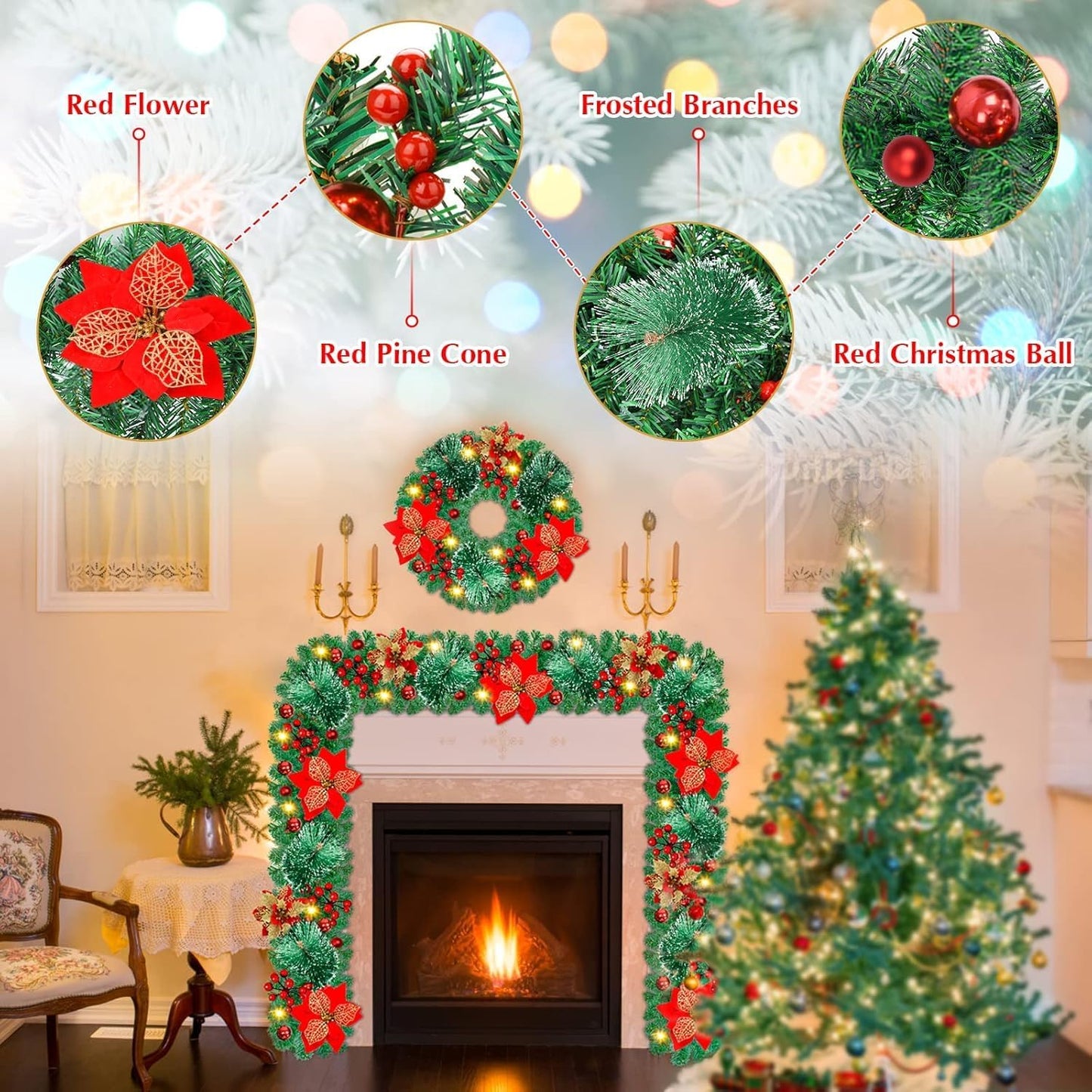 Christmas garland,christmas garland with lights,2.7M/ 9FT Christmas Garland Decorations Illuminated with LED Lights,for Stairs Fireplaces Christmas Festive Wreath Xmas Decor