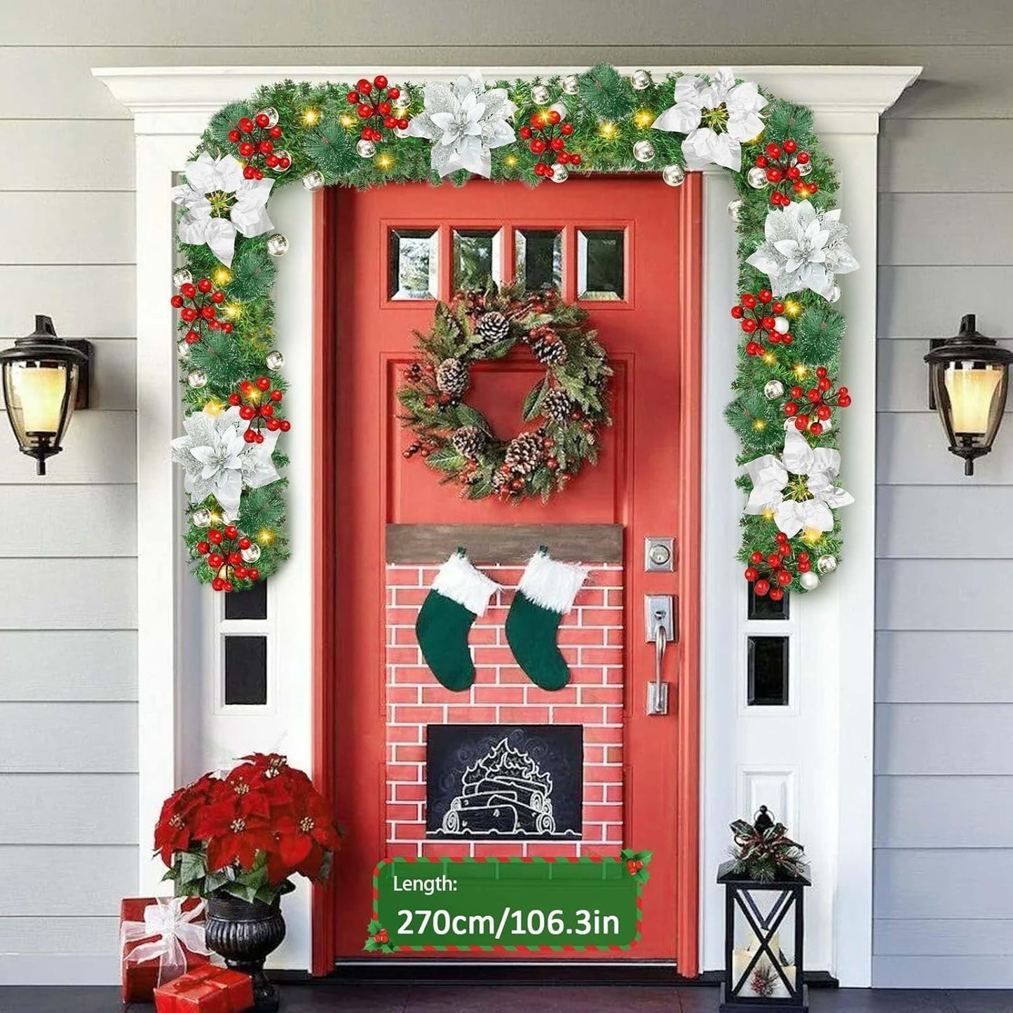 Christmas garland,christmas garland with lights,2.7M/ 9FT Christmas Garland Decorations Illuminated with LED Lights,for Stairs Fireplaces Christmas Festive Wreath Xmas Decor