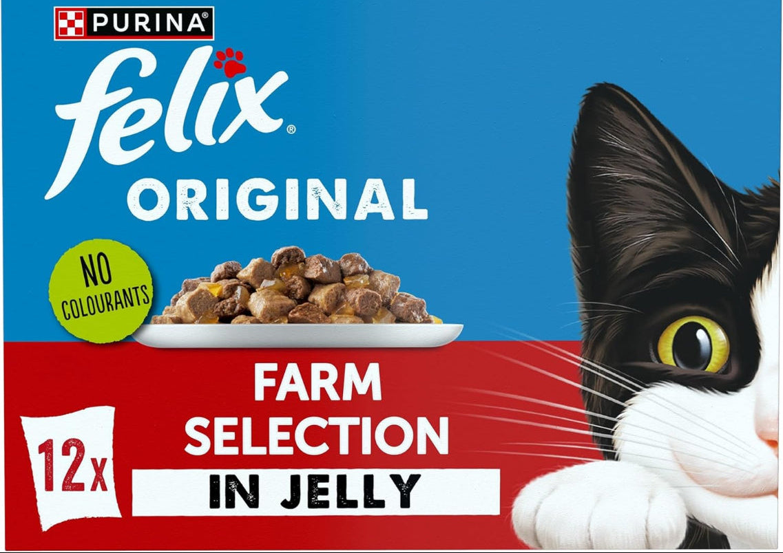 Box of Purina Felix Original Farm Selection in Jelly cat food with a cat illustration on a blue and red background.
