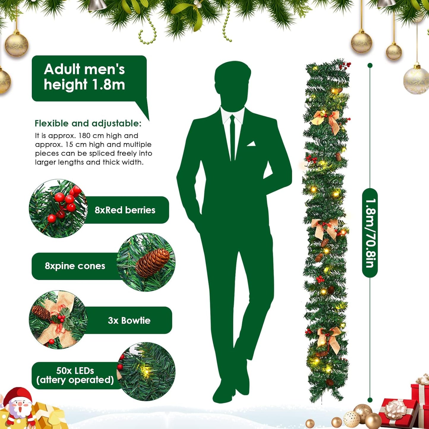 Christmas Garland with Lights, Christmas Garlands for Fireplace Stairs Artificial Wreath with 50 LED Lights and Bow Pine Cones Berries for Xmas Tree Front Door Home Holiday Decor