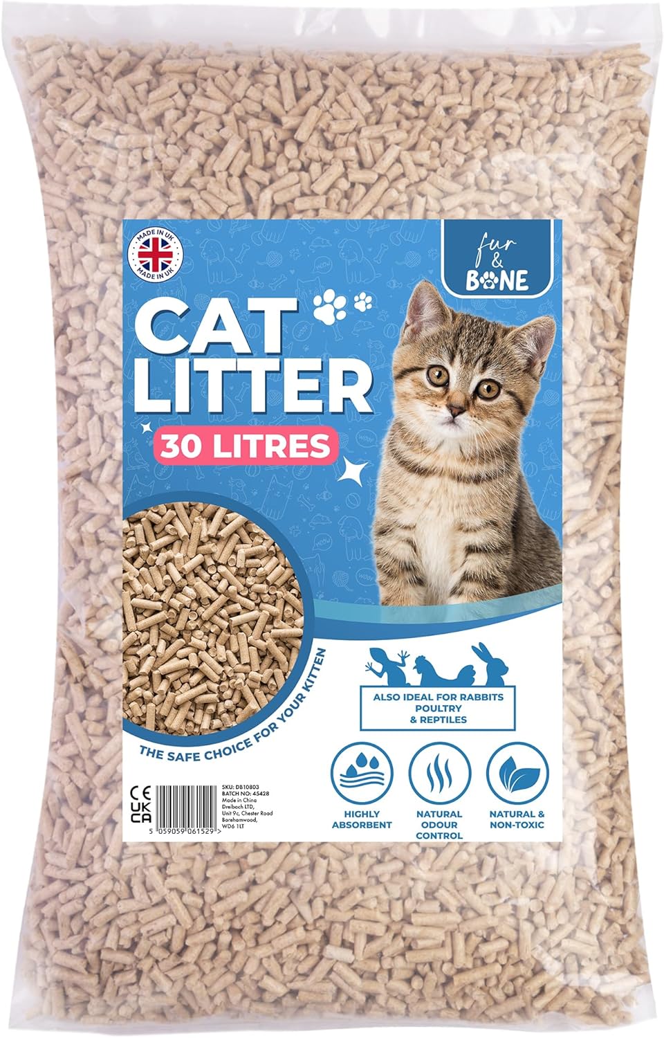 Fur & Bone 1 x 30L Cat Litter - Ultra Absorbent Biodegradable Wooden Pellets, Natural Scent, Odour Control, Soft Bedding for Comfort, Made from Virgin Wood - Scandinavian Timber Aroma