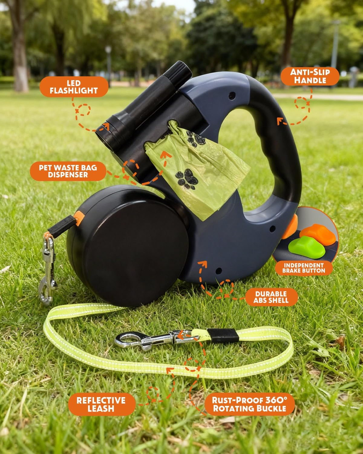 3M Dual Retractable Dog Leash for Two Dogs – Tangle-Free, LED Light, One-Click Lock & Built-in Poop Bag Holder