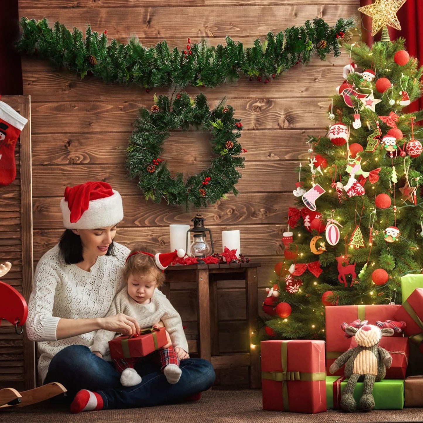 Christmas Garland with Lights, Christmas Garlands for Fireplace Stairs Artificial Wreath with 50 LED Lights and Bow Pine Cones Berries for Xmas Tree Front Door Home Holiday Decor