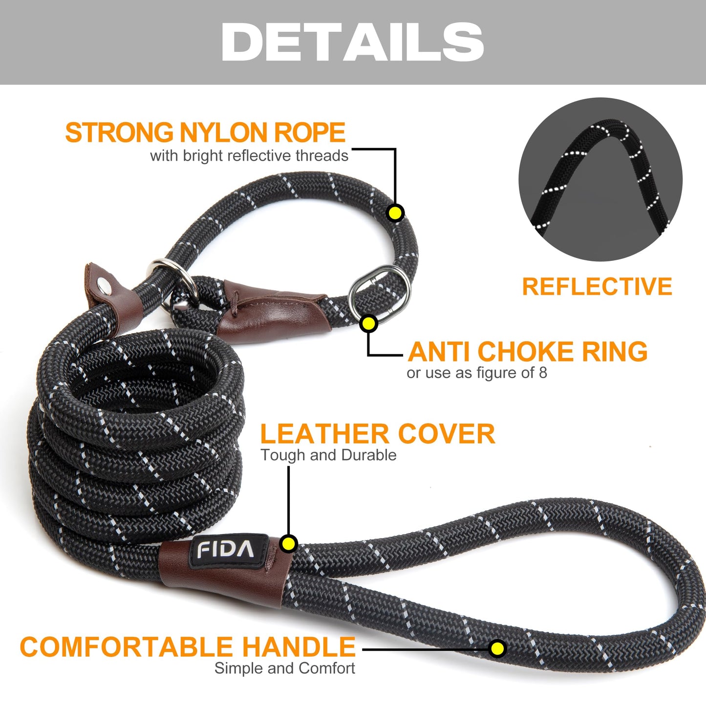 Fida Durable Weather Resistant Climbers Rope Slip Lead (1.8m, Black) with Reflective Stitching. Perfect for Training, Large, Medium and Small Dogs