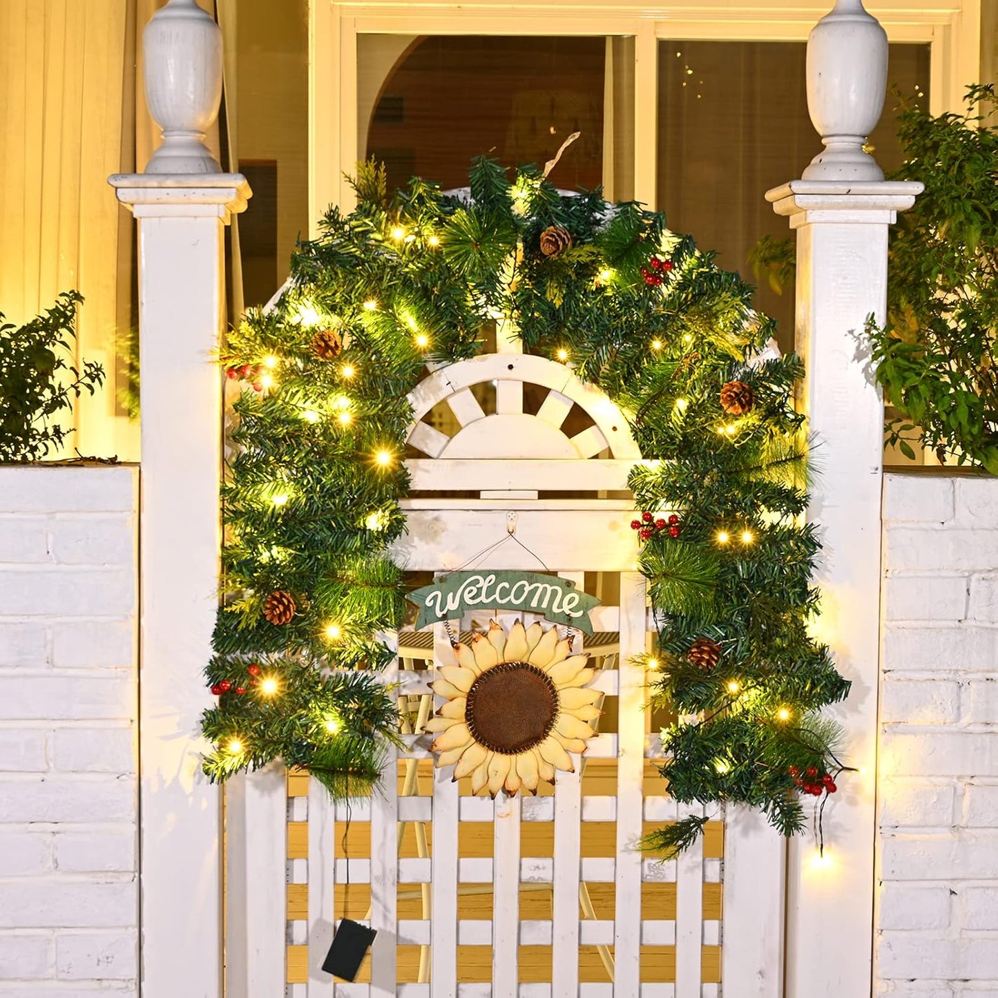 Christmas Garland with Lights, Christmas Garlands for Fireplace Stairs Artificial Wreath with 50 LED Lights and Bow Pine Cones Berries for Xmas Tree Front Door Home Holiday Decor