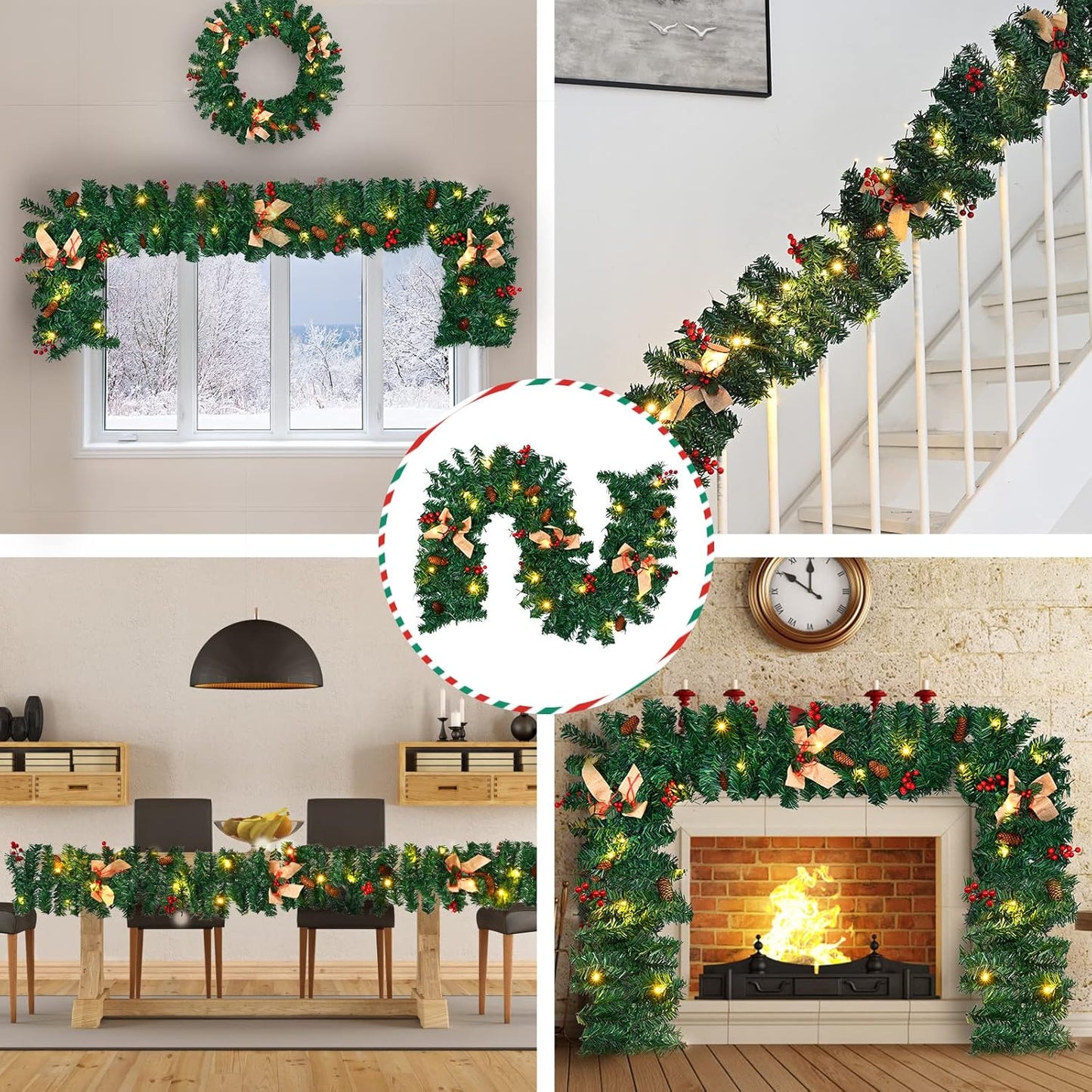 Christmas Garland with Lights, Christmas Garlands for Fireplace Stairs Artificial Wreath with 50 LED Lights and Bow Pine Cones Berries for Xmas Tree Front Door Home Holiday Decor