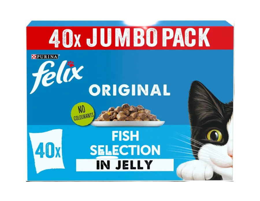 Felix Original Fish Selection in Jelly cat food packaging with a black and white cat illustration.