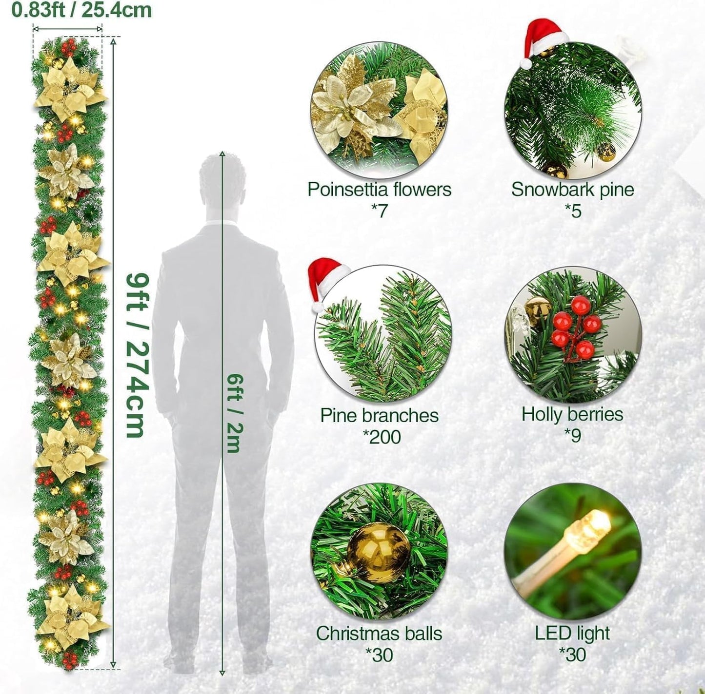 Christmas garland,christmas garland with lights,2.7M/ 9FT Christmas Garland Decorations Illuminated with LED Lights,for Stairs Fireplaces Christmas Festive Wreath Xmas Decor