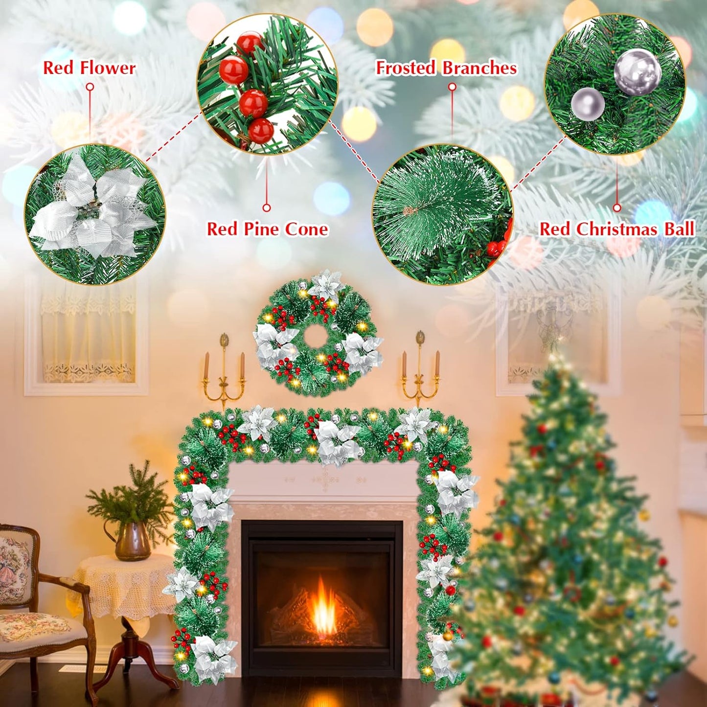 Christmas garland,christmas garland with lights,2.7M/ 9FT Christmas Garland Decorations Illuminated with LED Lights,for Stairs Fireplaces Christmas Festive Wreath Xmas Decor