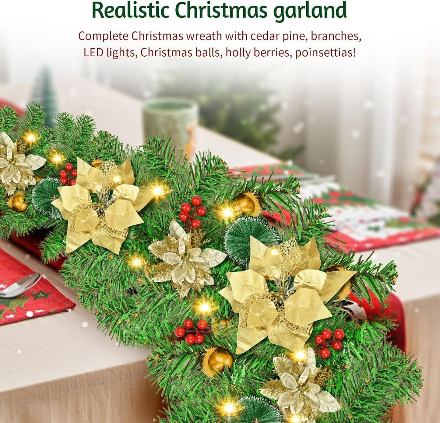 Christmas garland,christmas garland with lights,2.7M/ 9FT Christmas Garland Decorations Illuminated with LED Lights,for Stairs Fireplaces Christmas Festive Wreath Xmas Decor