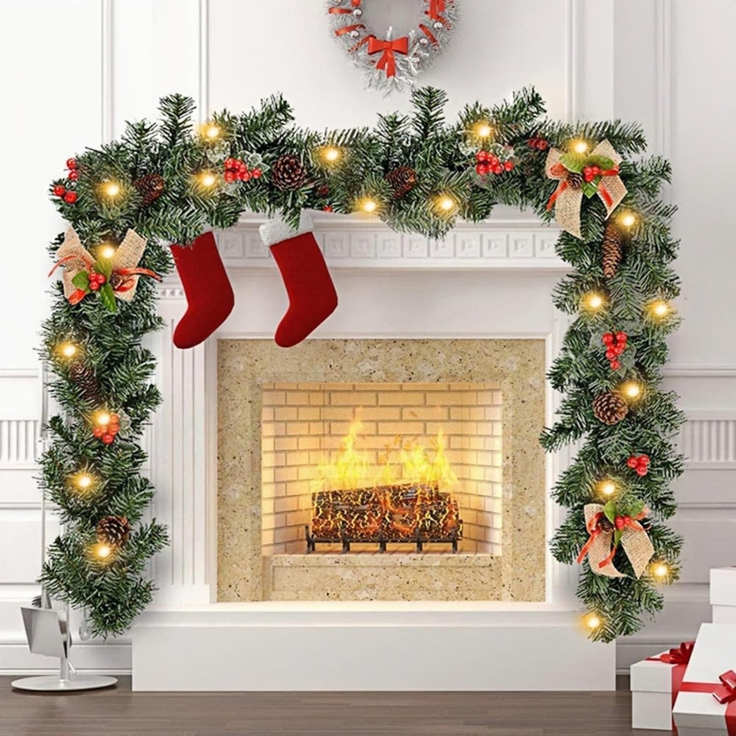 Christmas Garland with Lights, Christmas Garlands for Fireplace Stairs Artificial Wreath with 50 LED Lights and Bow Pine Cones Berries for Xmas Tree Front Door Home Holiday Decor