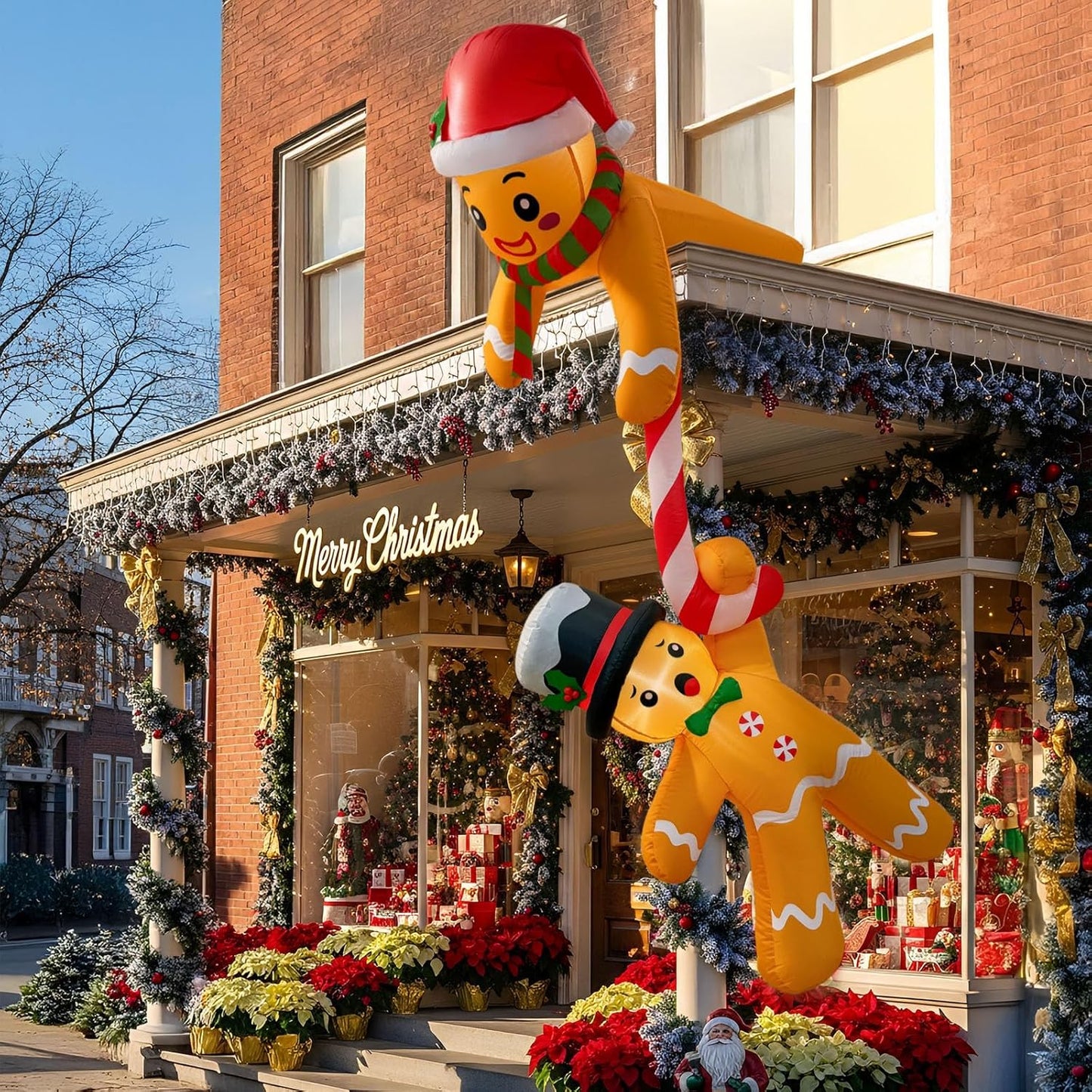 7 FT Christmas Inflatables Outdoor Decorations, Hanging Gingerbread Man Inflatable Christmas Decorations Hold Candy Cane, Blow Up Xmas Decorations for Roof Eaves Tree Decor