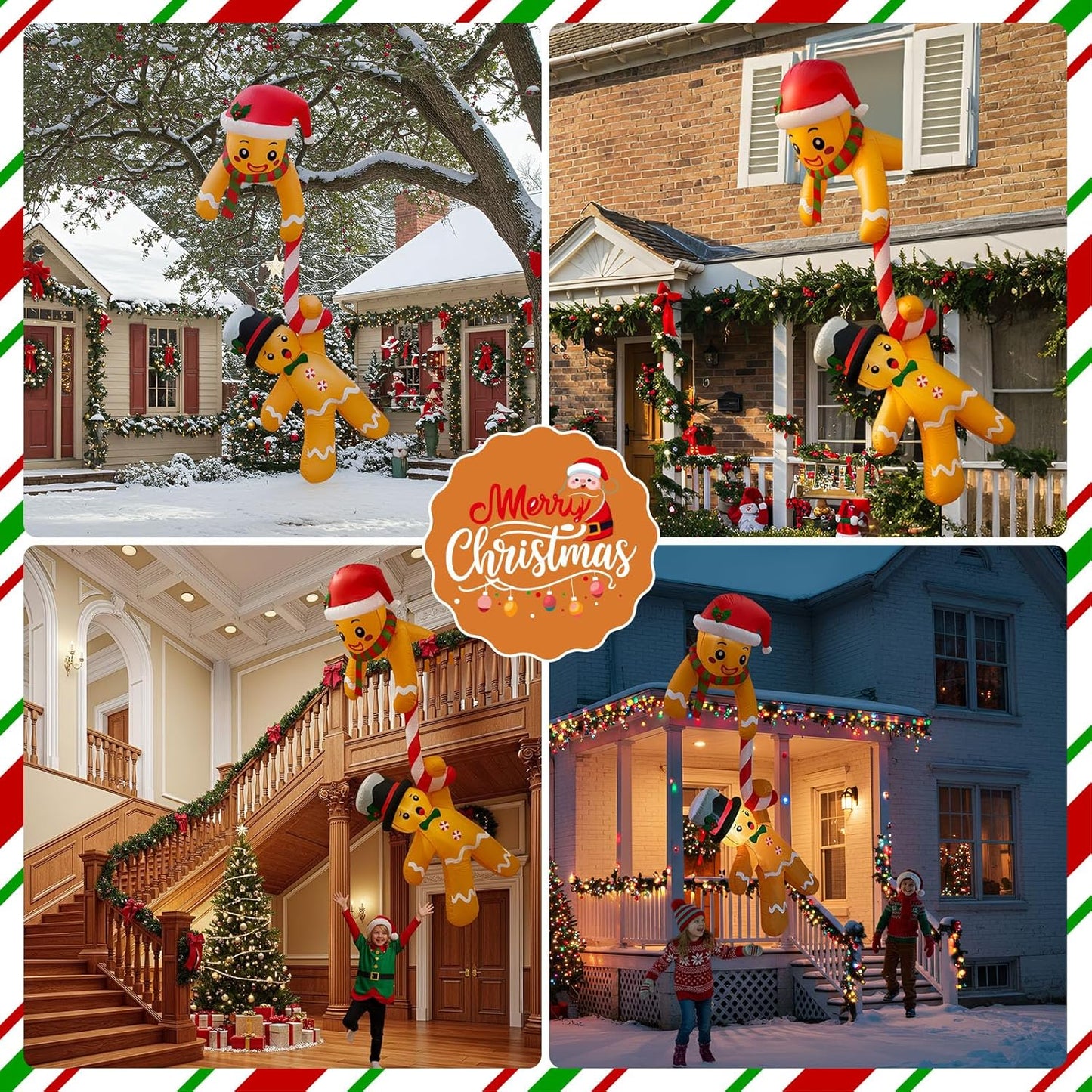 7 FT Christmas Inflatables Outdoor Decorations, Hanging Gingerbread Man Inflatable Christmas Decorations Hold Candy Cane, Blow Up Xmas Decorations for Roof Eaves Tree Decor